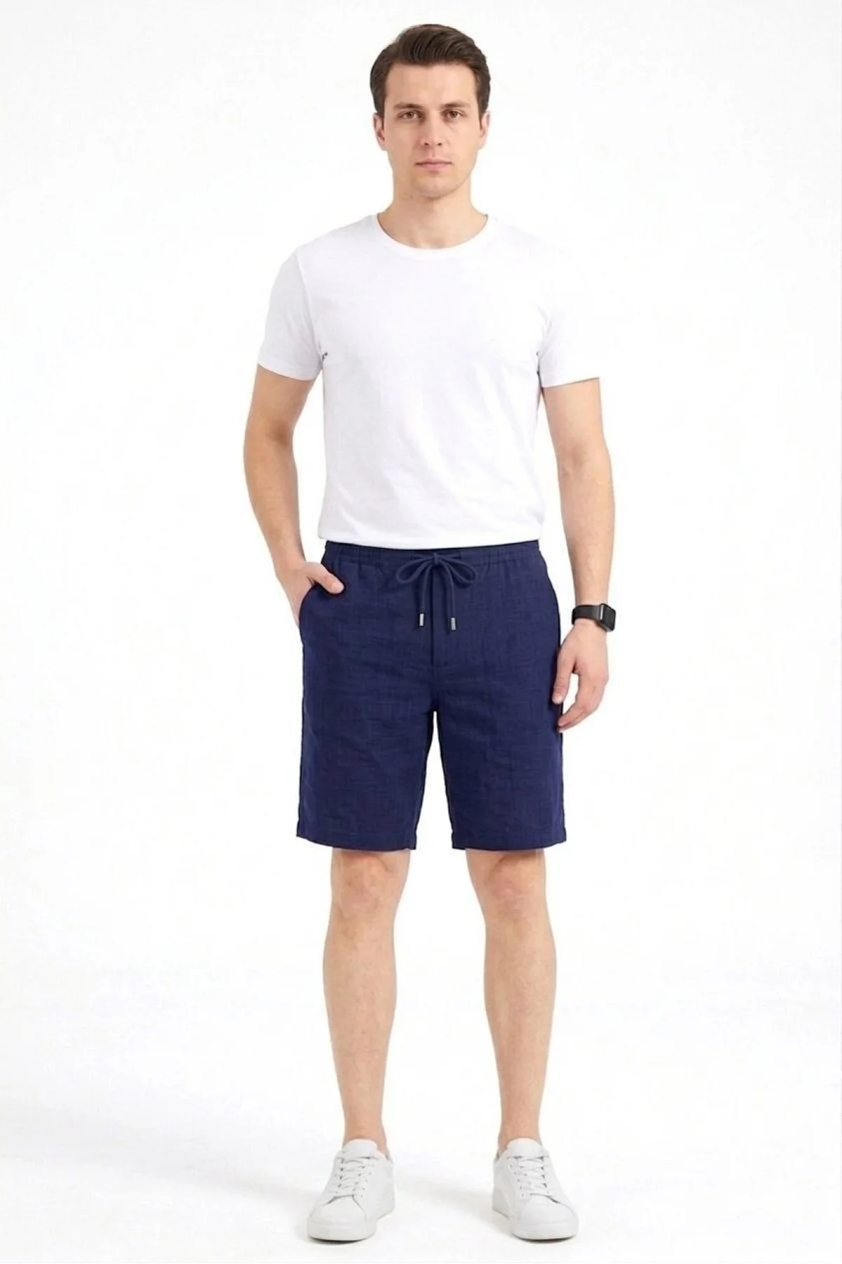 Erkek Keten Kumaş Cepli Rahat Kesim Bel Lastikli Şort - Lacivert