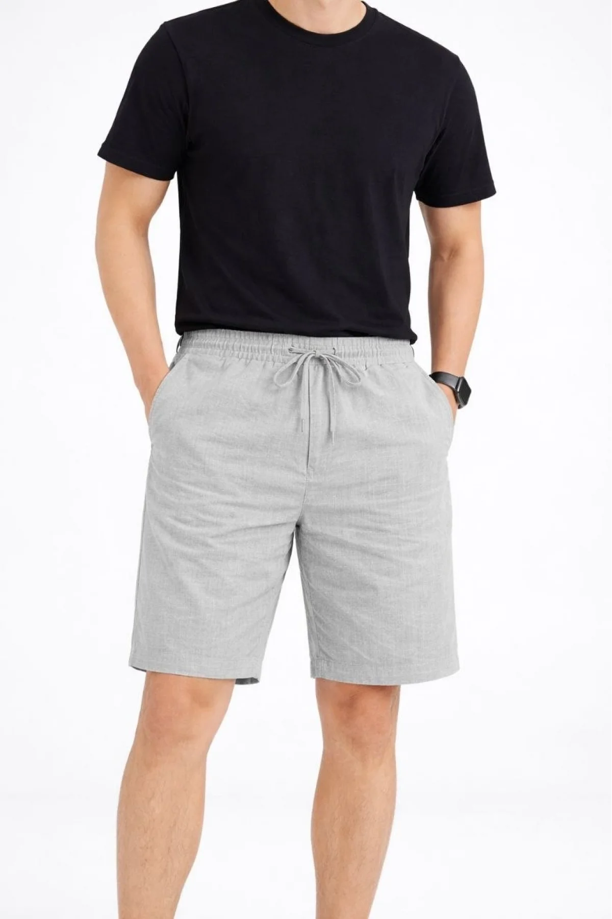 Erkek Keten Kumaş Cepli Rahat Kesim Bel Lastikli Şort - Gri