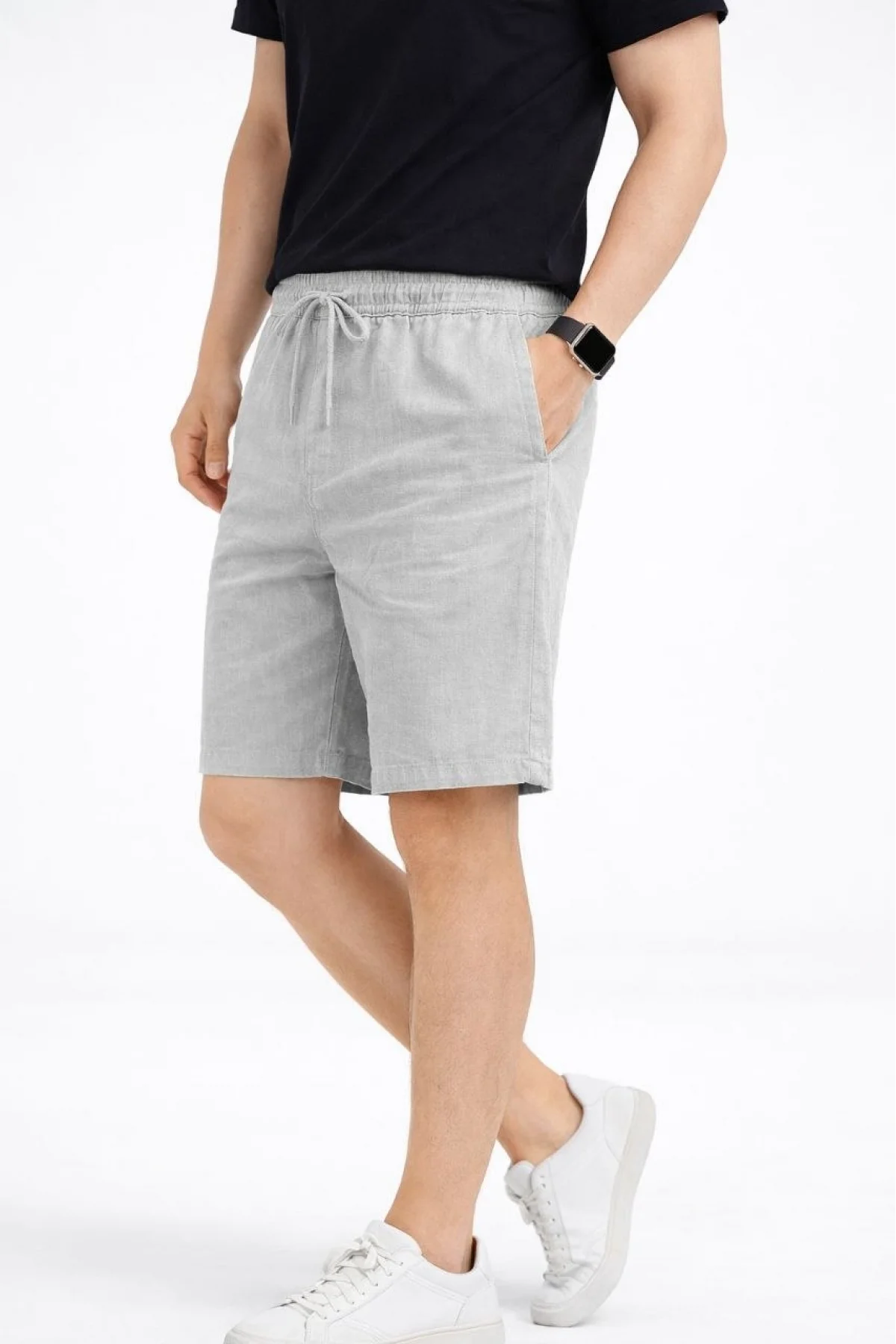 Erkek Keten Kumaş Cepli Rahat Kesim Bel Lastikli Şort - Gri