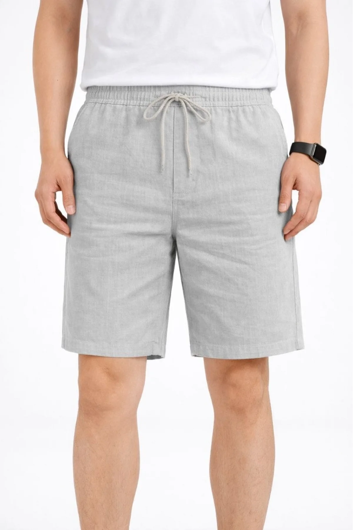 Erkek Keten Kumaş Cepli Rahat Kesim Bel Lastikli Şort - Gri