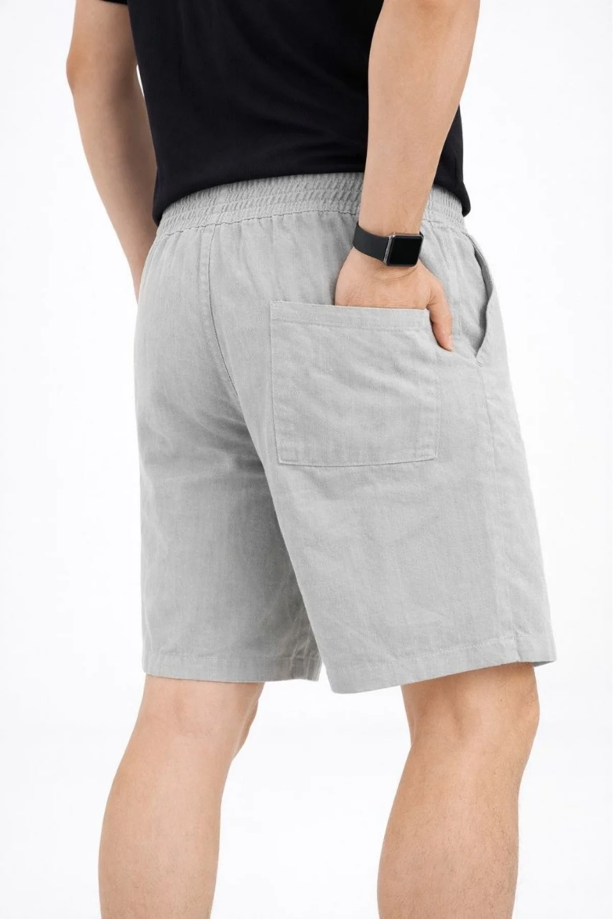 Erkek Keten Kumaş Cepli Rahat Kesim Bel Lastikli Şort - Gri