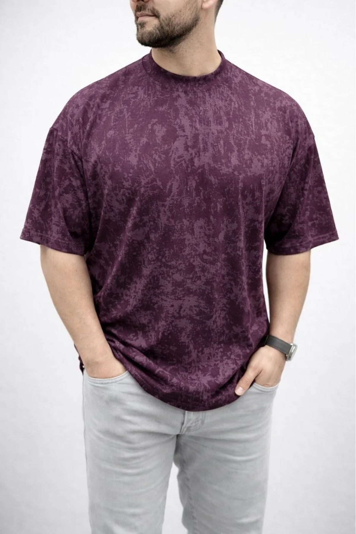 Erkek Premium Tişört OSY Yumuşak Dokulu Yıkamalı Oversize T-Shirt - Bordo