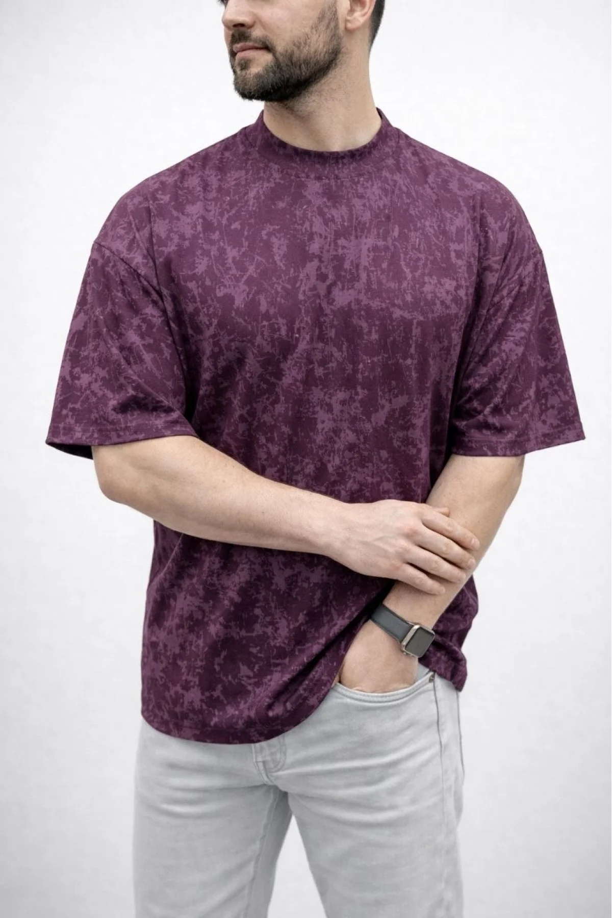 Erkek Premium Tişört OSY Yumuşak Dokulu Yıkamalı Oversize T-Shirt - Bordo
