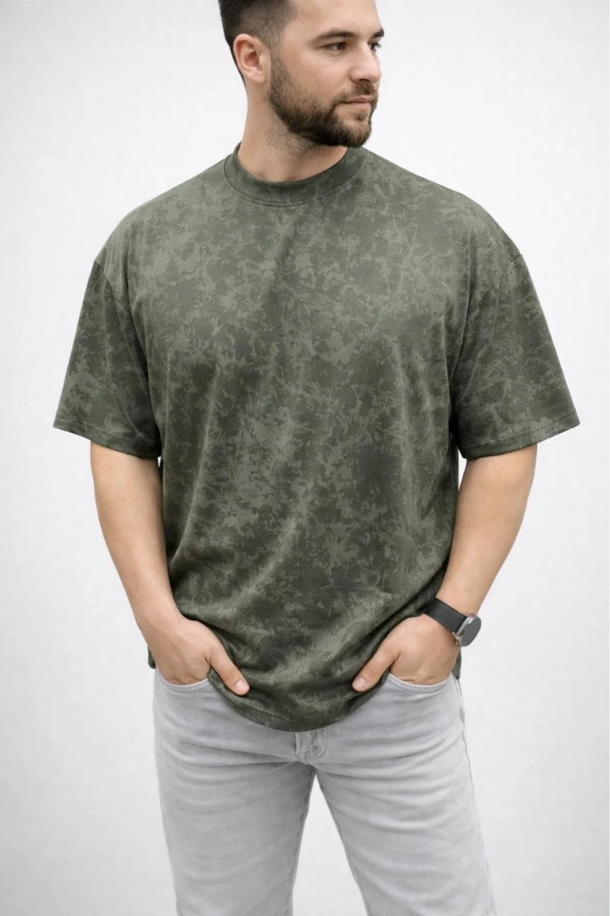 Erkek Premium Tişört OSY Yumuşak Dokulu Yıkamalı Oversize T-Shirt - Haki