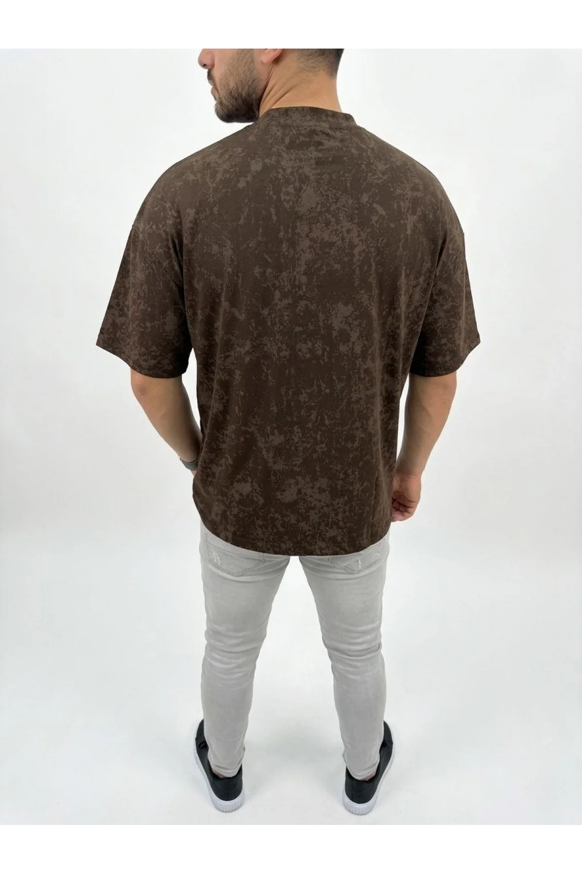 Erkek Premium Tişört OSY Yumuşak Dokulu Yıkamalı Oversize T-Shirt - Kahverengi