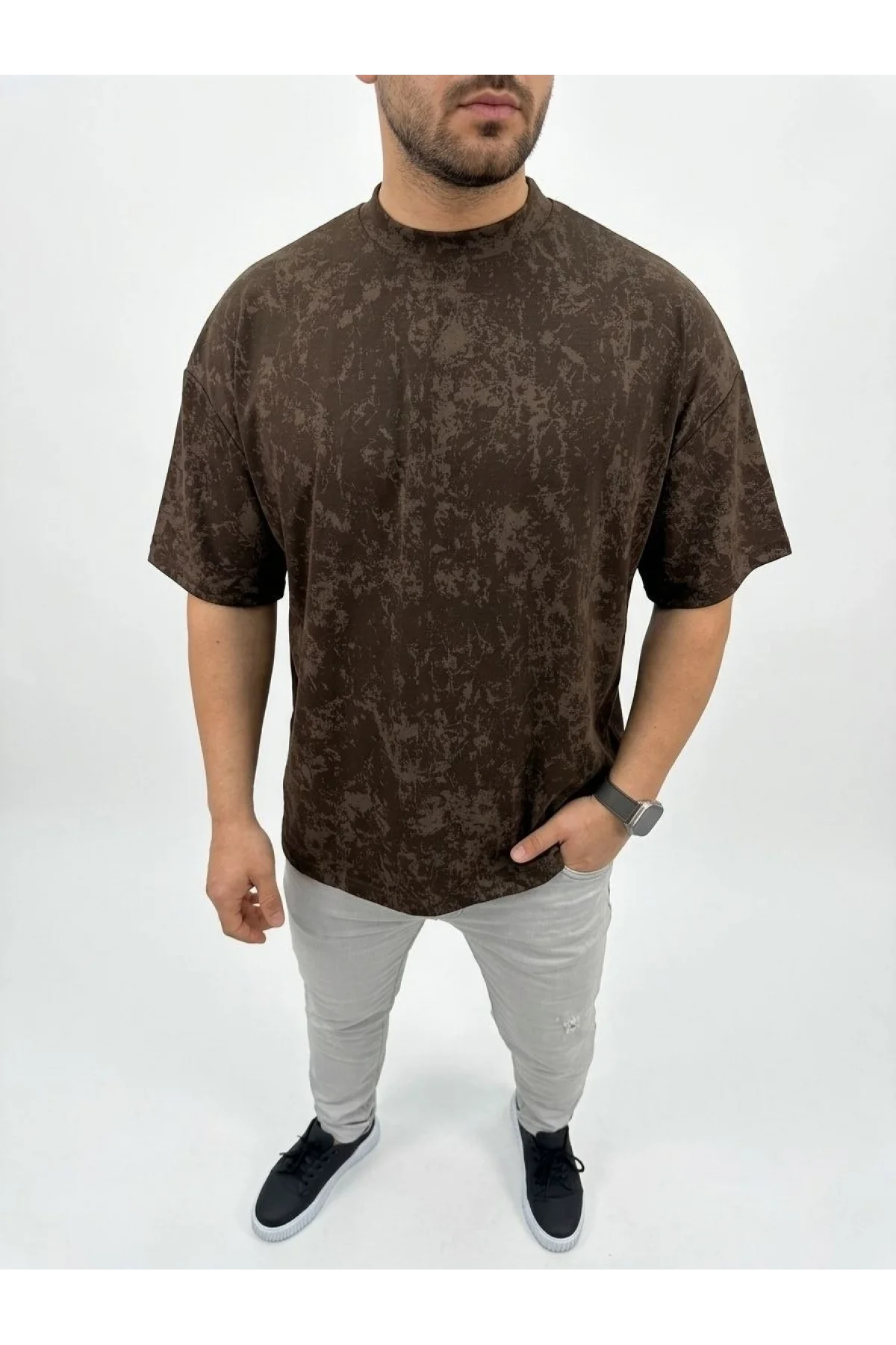 Erkek Premium Tişört OSY Yumuşak Dokulu Yıkamalı Oversize T-Shirt - Kahverengi