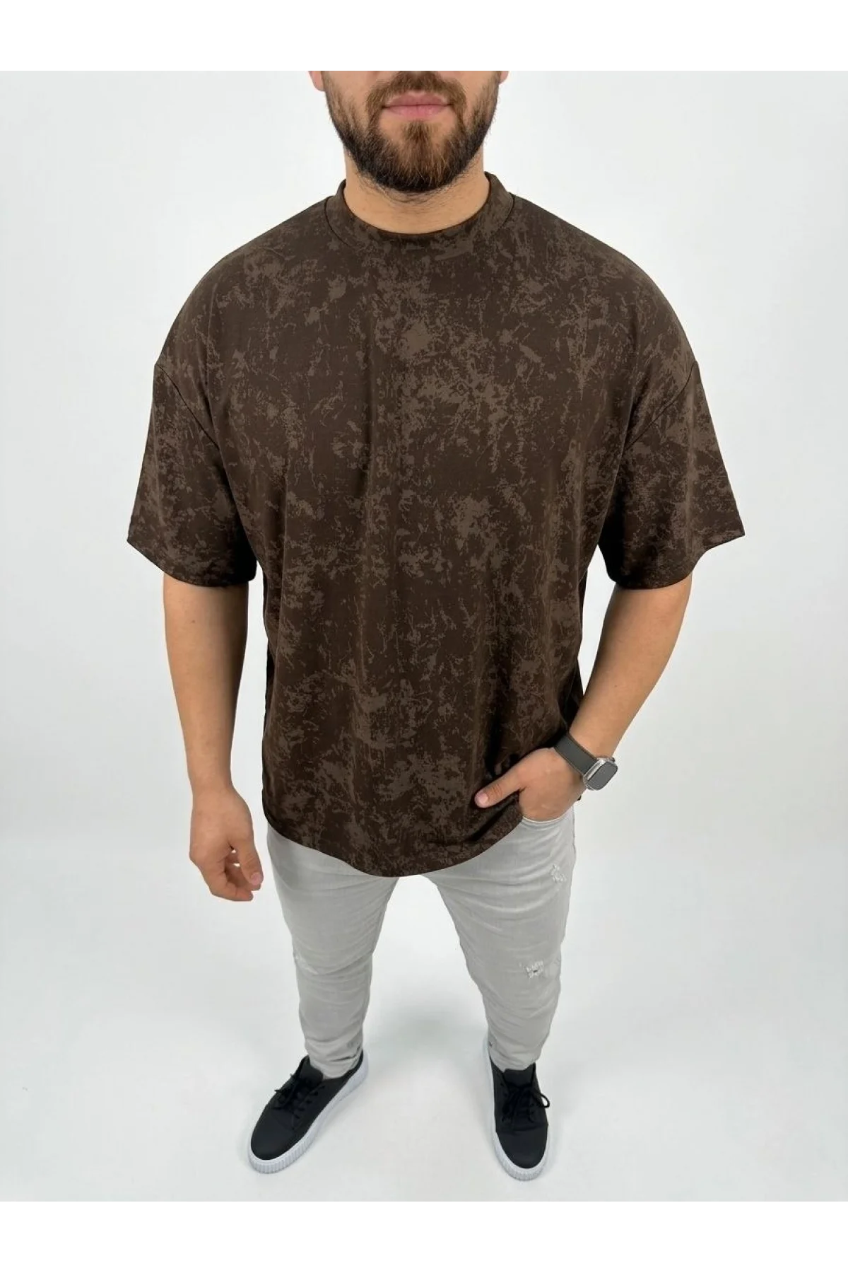 Erkek Premium Tişört OSY Yumuşak Dokulu Yıkamalı Oversize T-Shirt - Kahverengi