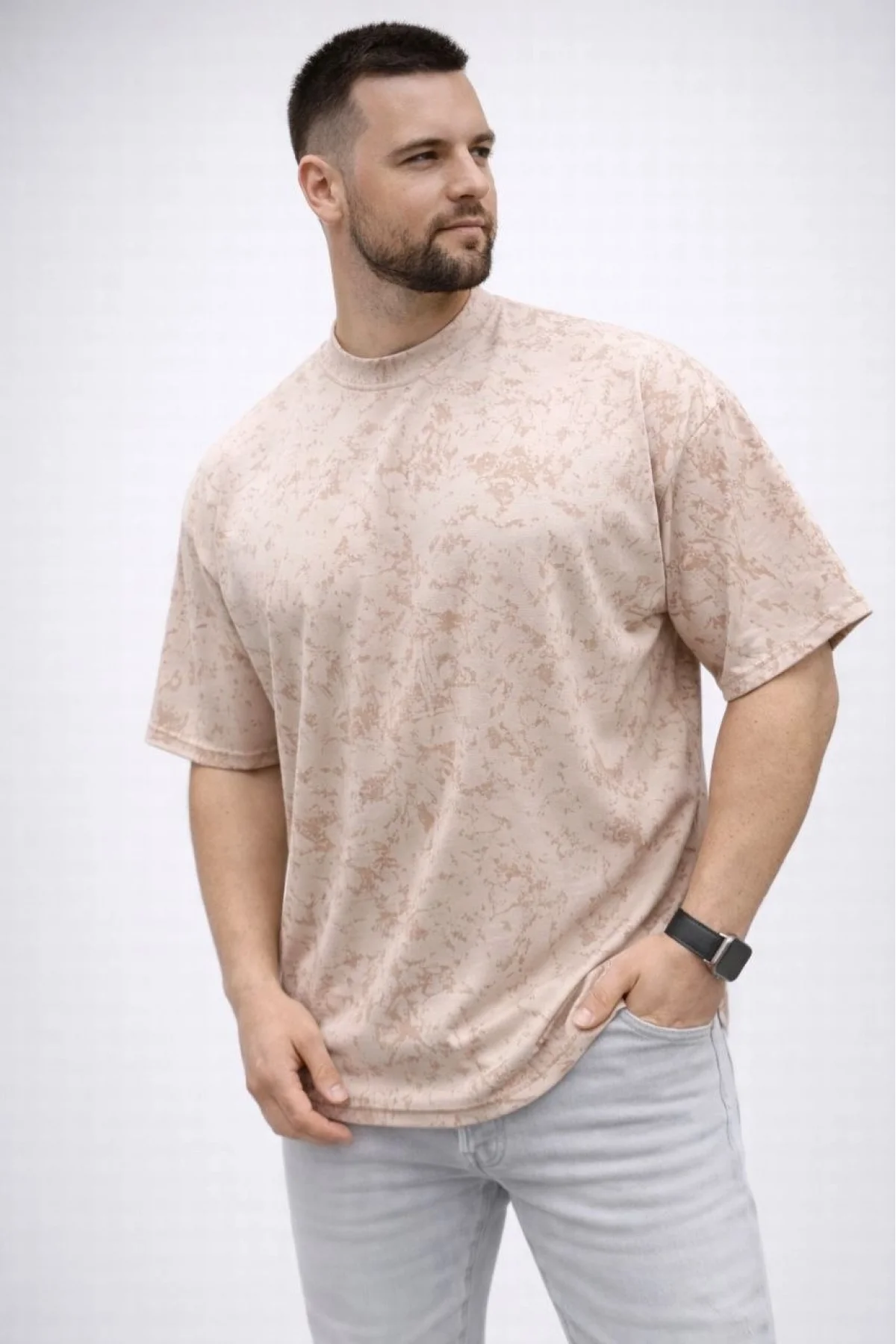Erkek Premium Tişört OSY Yumuşak Dokulu Yıkamalı Oversize T-Shirt - Bej