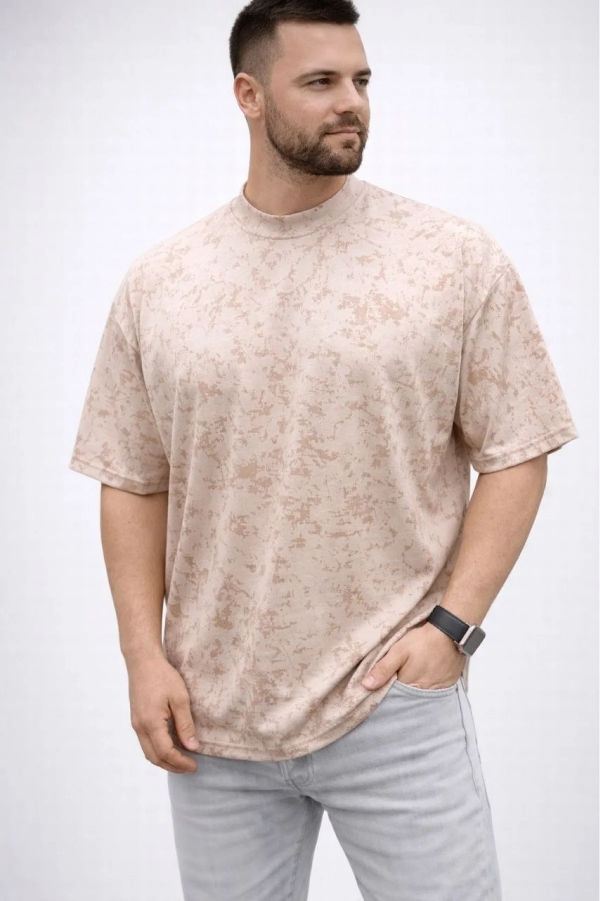 Erkek Premium Tişört OSY Yumuşak Dokulu Yıkamalı Oversize T-Shirt - Bej