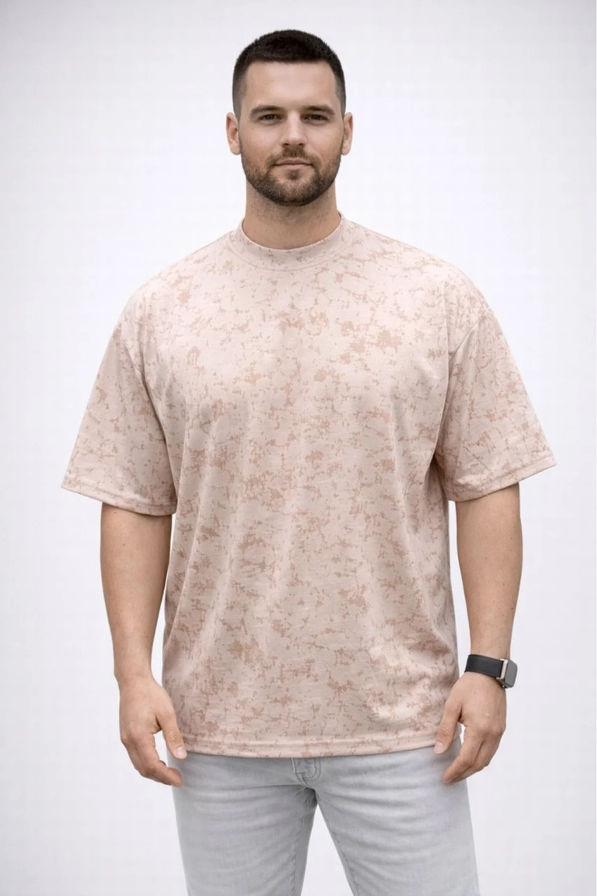 Erkek Premium Tişört OSY Yumuşak Dokulu Yıkamalı Oversize T-Shirt - Bej