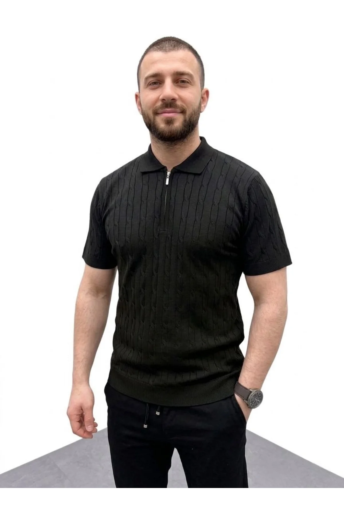 Erkek Yazlık Triko Saç Örgü Tişört Kısa Kol Polo Yaka Fermuarlı T-Shirt - Siyah