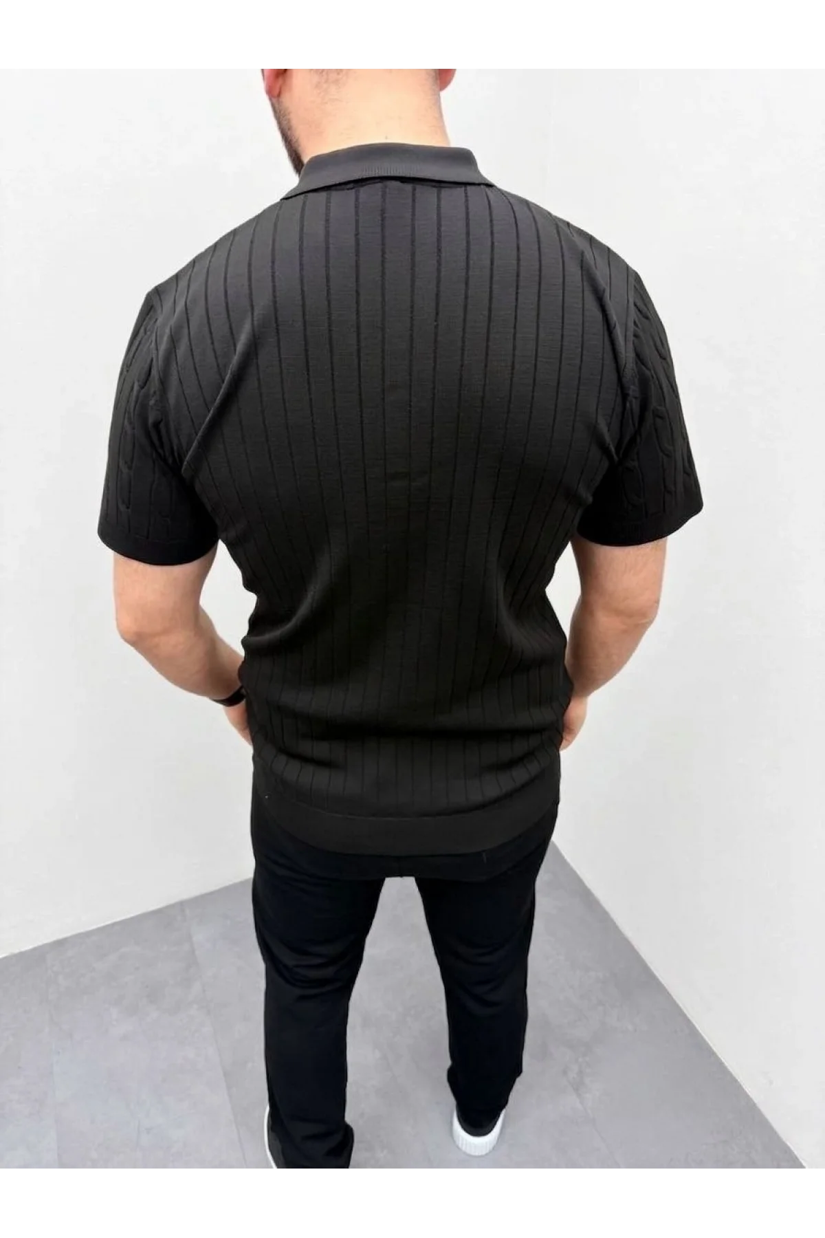 Erkek Yazlık Triko Saç Örgü Tişört Kısa Kol Polo Yaka Fermuarlı T-Shirt - Siyah