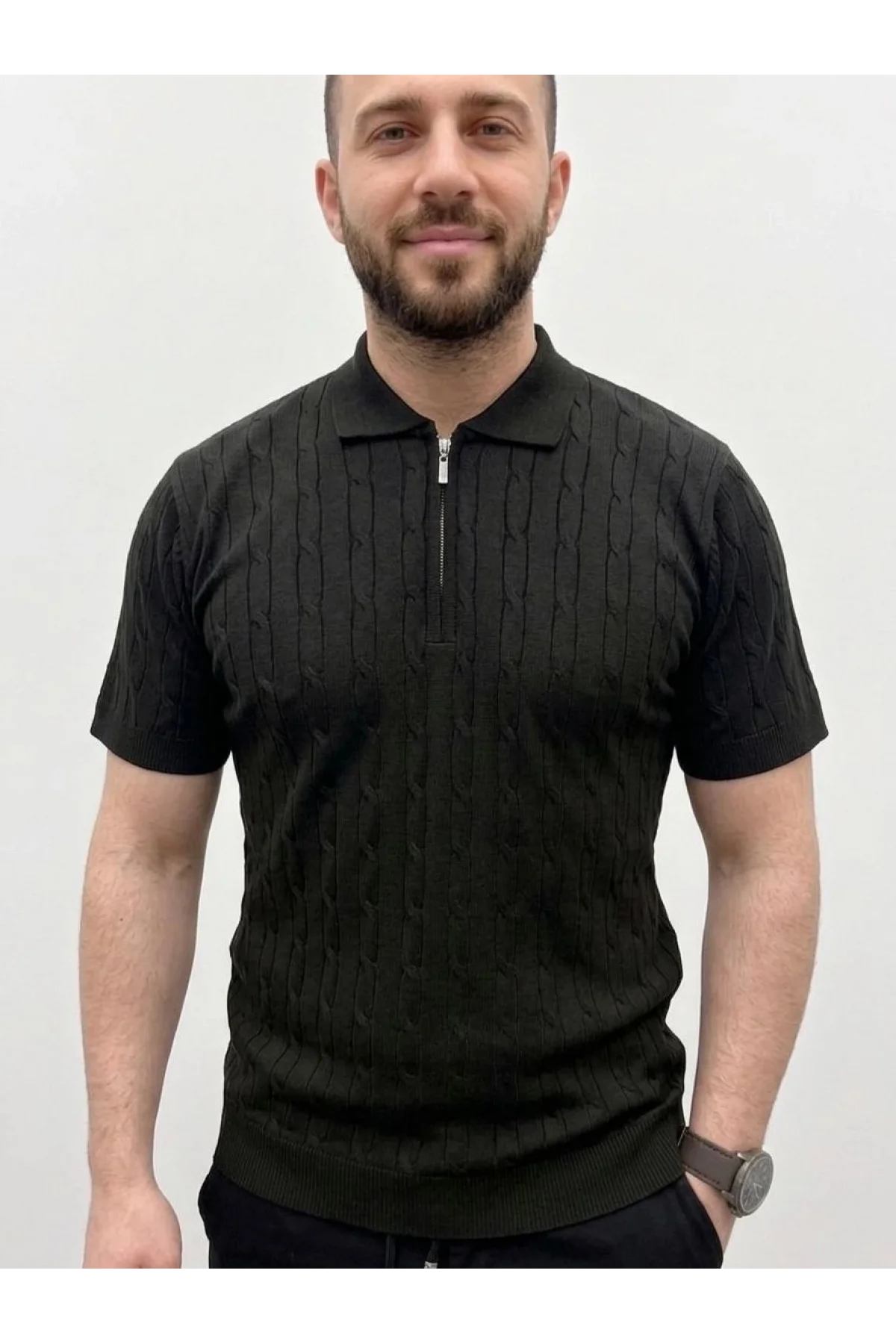 Erkek Yazlık Triko Saç Örgü Tişört Kısa Kol Polo Yaka Fermuarlı T-Shirt - Siyah