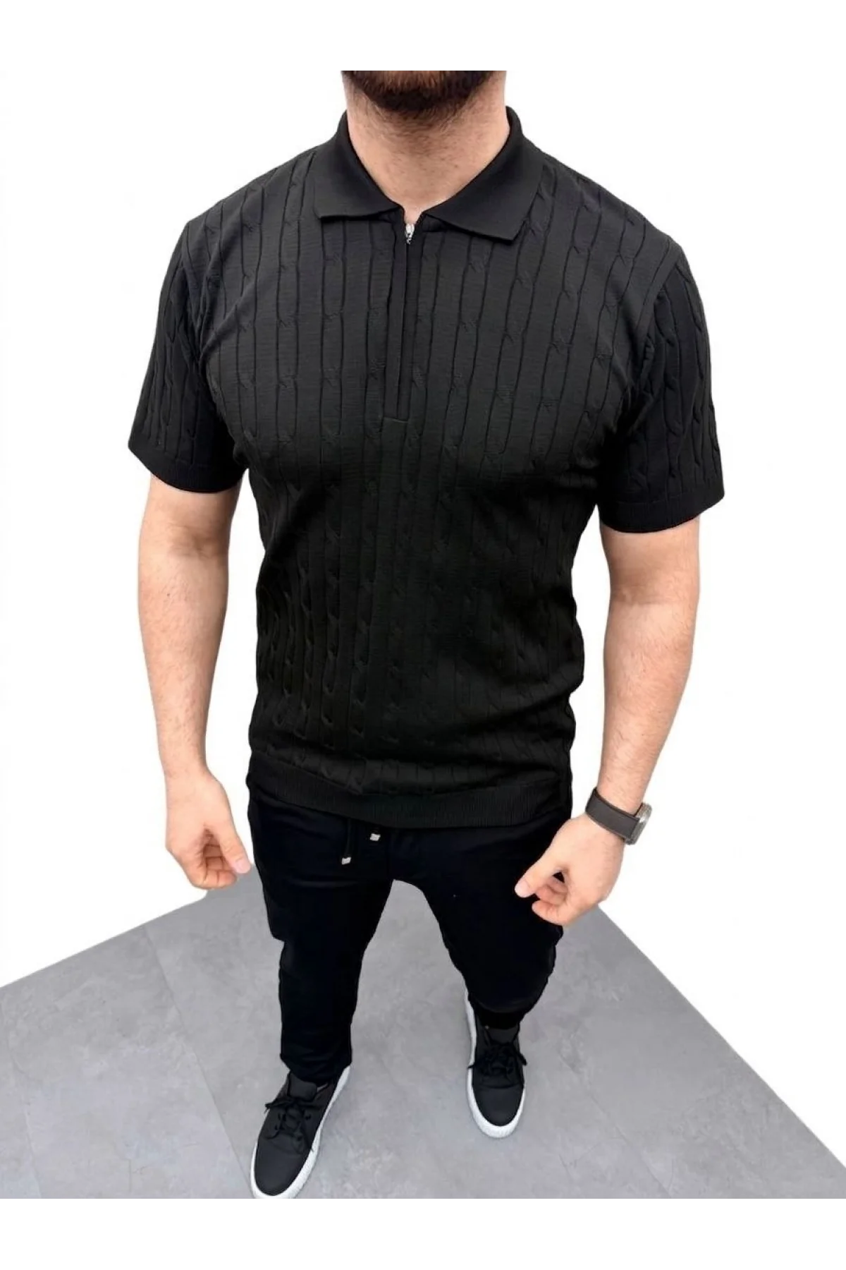 Erkek Yazlık Triko Saç Örgü Tişört Kısa Kol Polo Yaka Fermuarlı T-Shirt - Siyah
