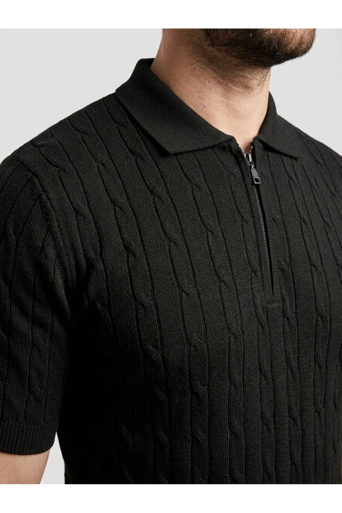 Erkek Yazlık Triko Saç Örgü Tişört Kısa Kol Polo Yaka Fermuarlı T-Shirt - Siyah