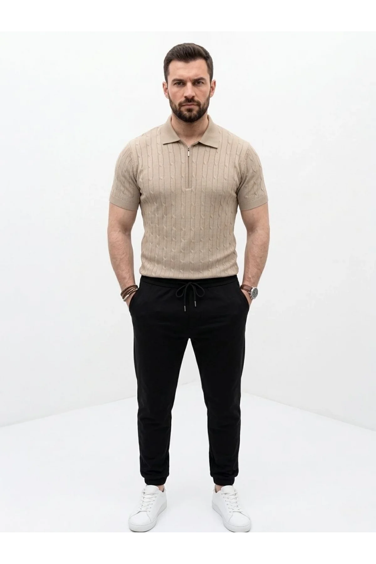 Erkek Yazlık Triko Saç Örgü Tişört Kısa Kol Polo Yaka Fermuarlı T-Shirt - Bej