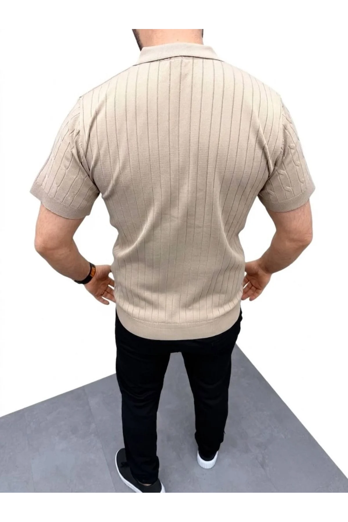 Erkek Yazlık Triko Saç Örgü Tişört Kısa Kol Polo Yaka Fermuarlı T-Shirt - Bej