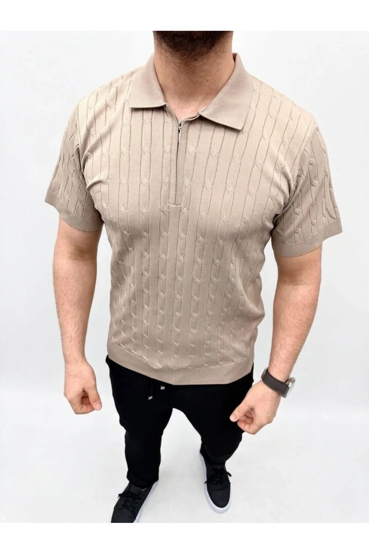 Erkek Yazlık Triko Saç Örgü Tişört Kısa Kol Polo Yaka Fermuarlı T-Shirt - Bej