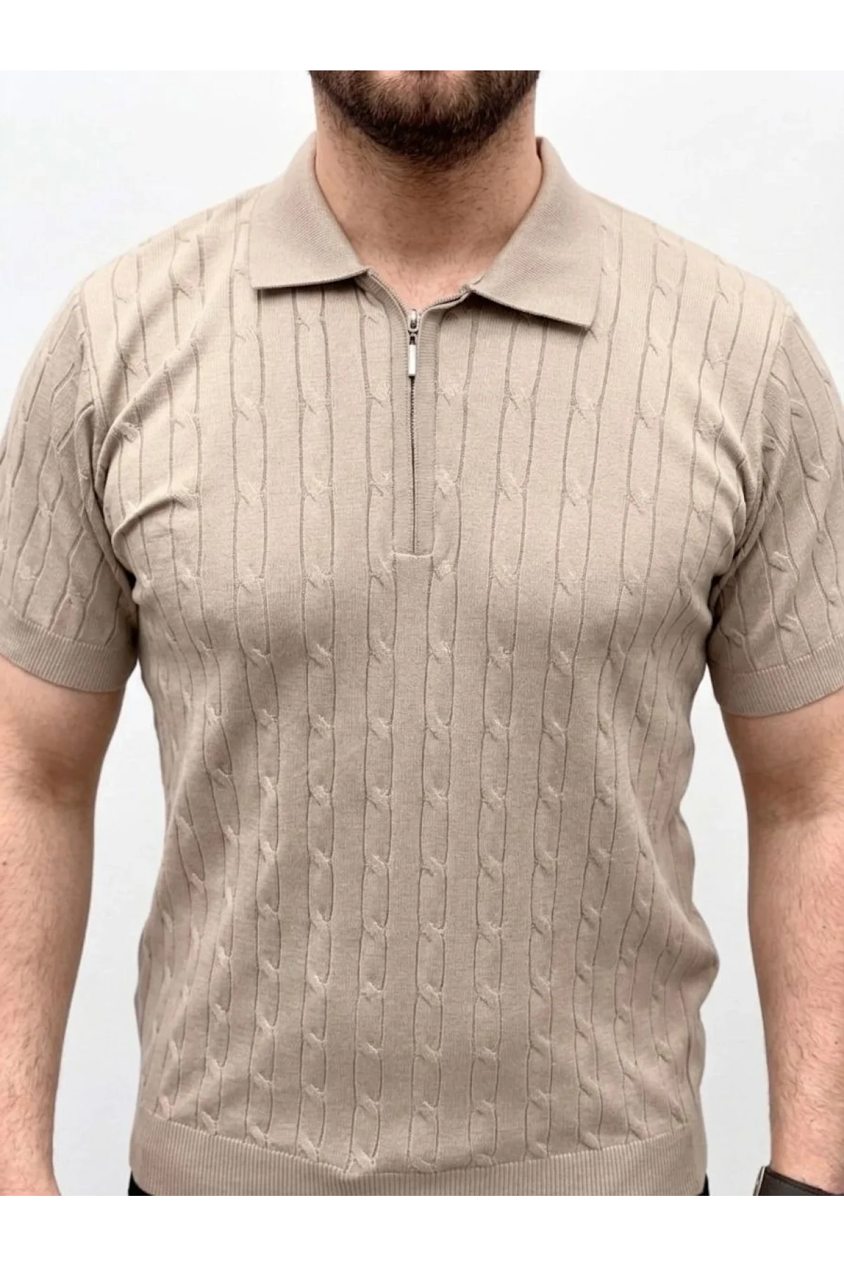 Erkek Yazlık Triko Saç Örgü Tişört Kısa Kol Polo Yaka Fermuarlı T-Shirt - Bej