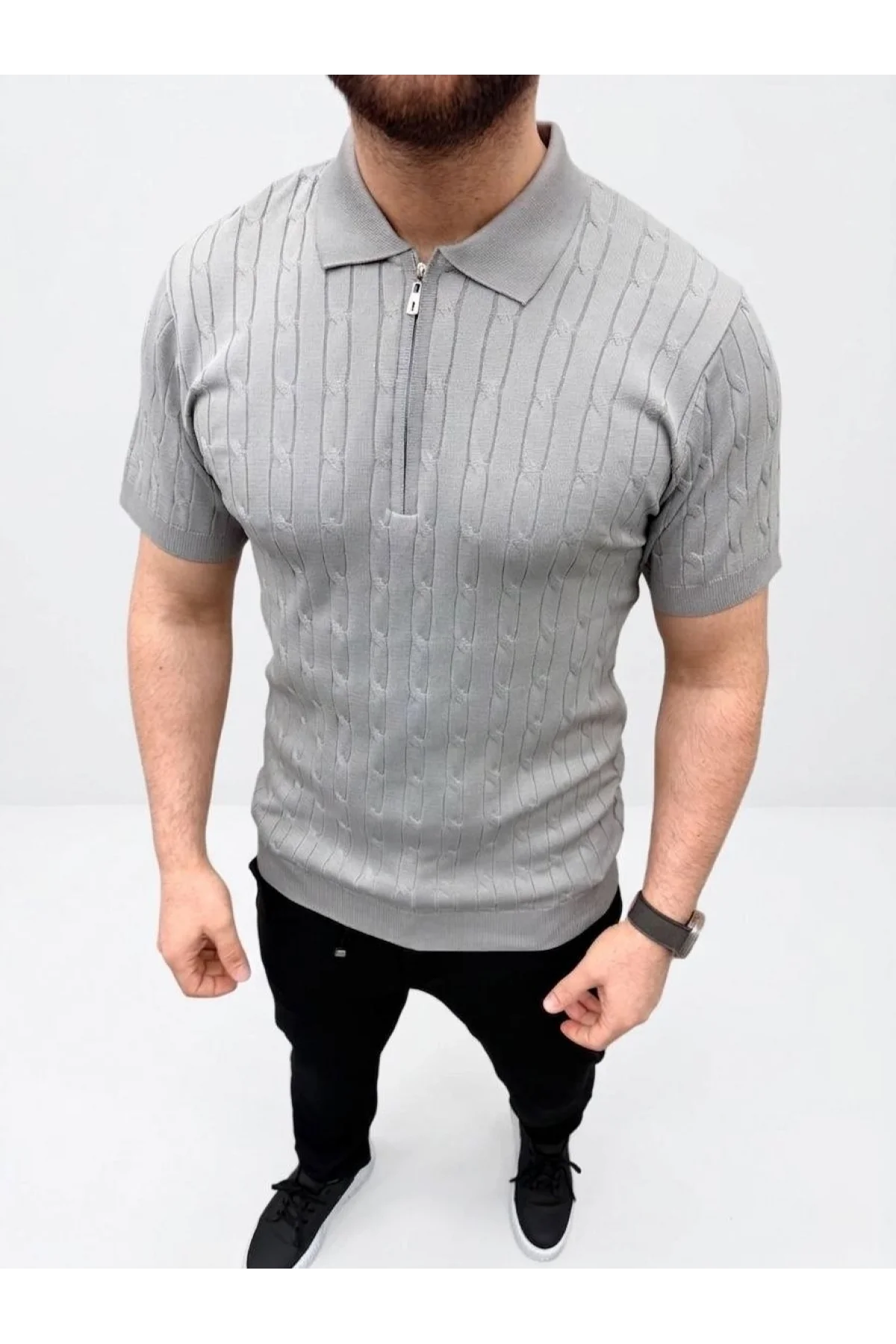 Erkek Yazlık Triko Saç Örgü Tişört Kısa Kol Polo Yaka Fermuarlı T-Shirt - Gri