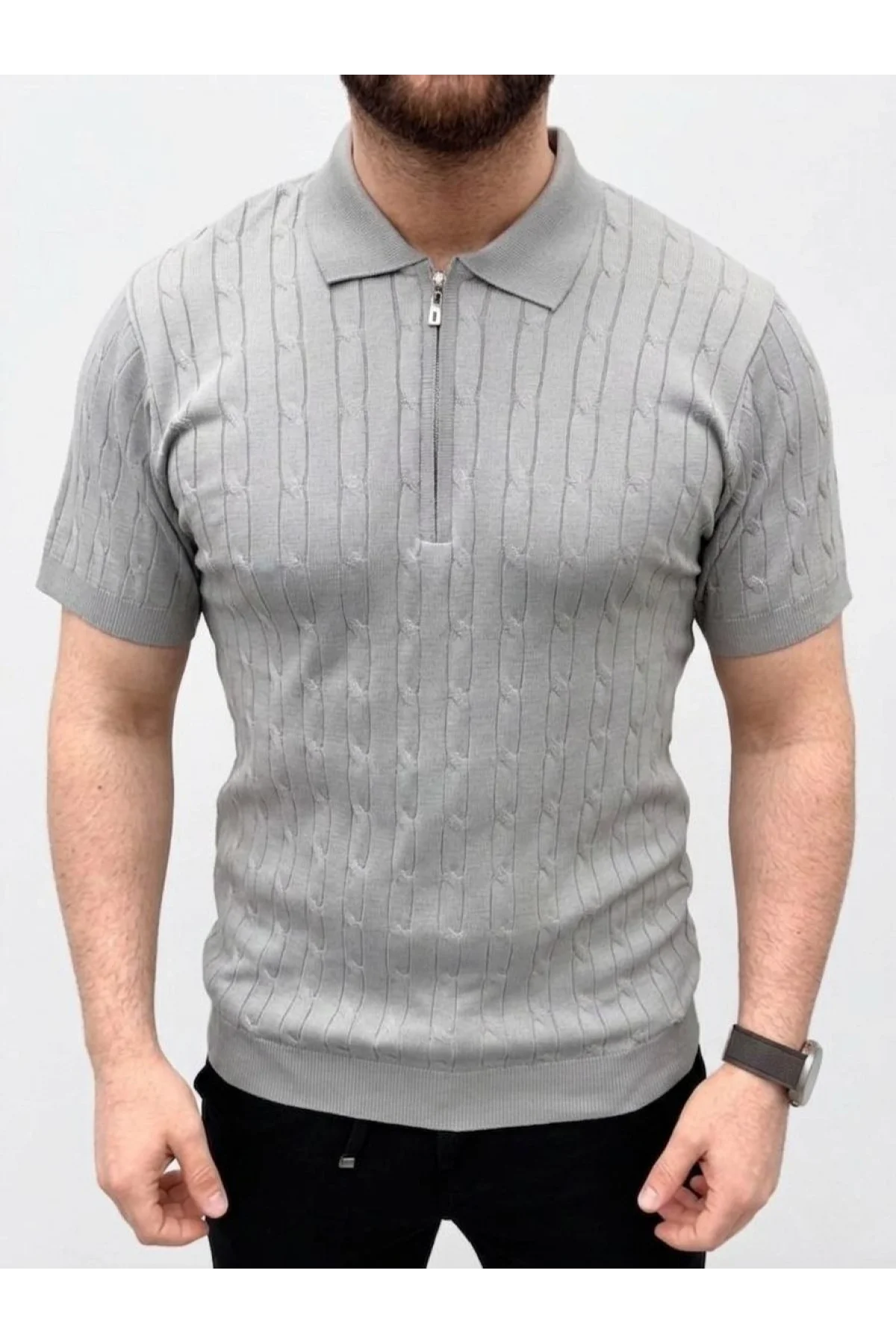 Erkek Yazlık Triko Saç Örgü Tişört Kısa Kol Polo Yaka Fermuarlı T-Shirt - Gri