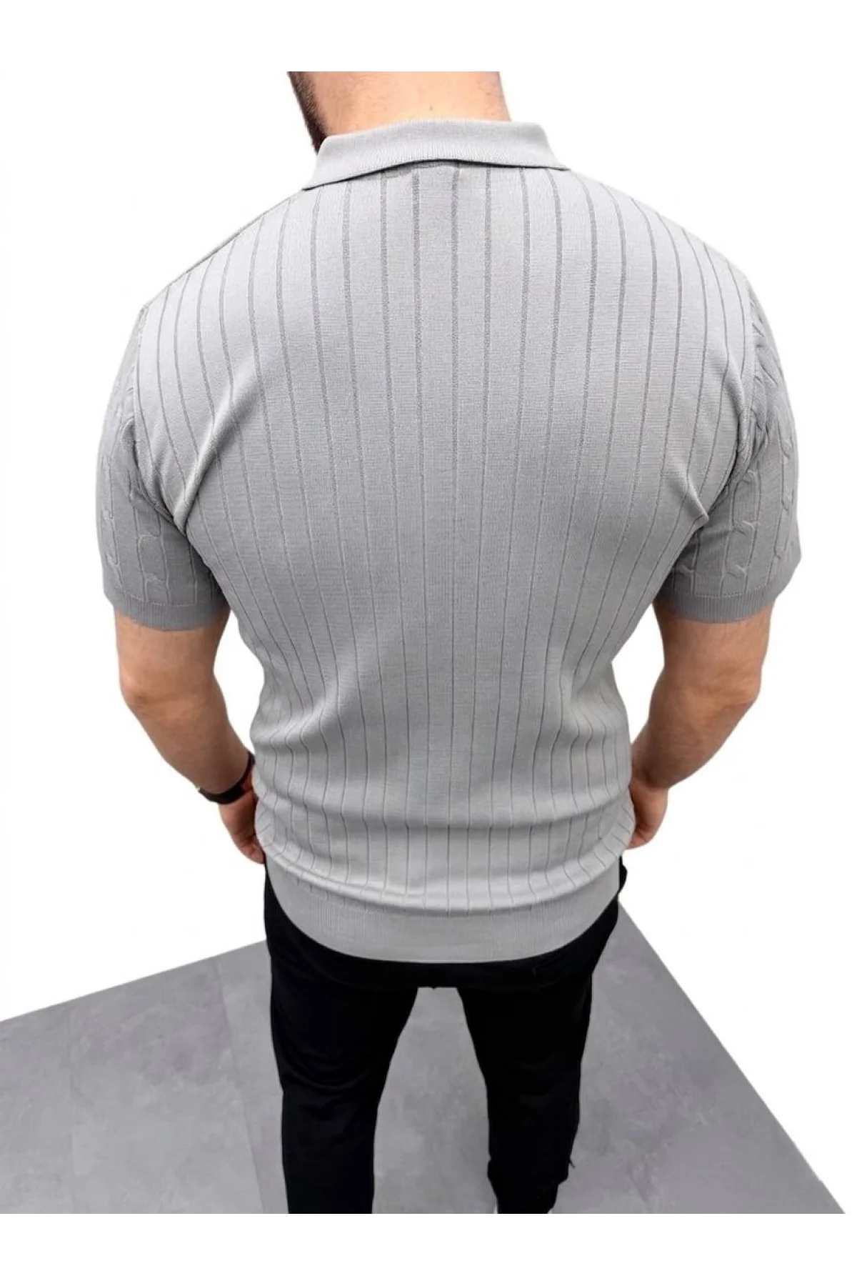 Erkek Yazlık Triko Saç Örgü Tişört Kısa Kol Polo Yaka Fermuarlı T-Shirt - Gri