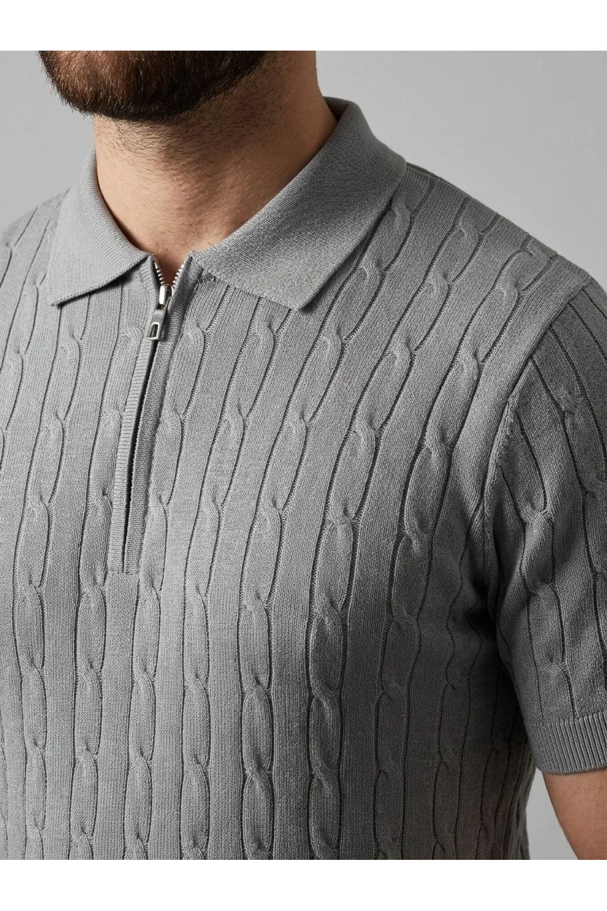 Erkek Yazlık Triko Saç Örgü Tişört Kısa Kol Polo Yaka Fermuarlı T-Shirt - Gri