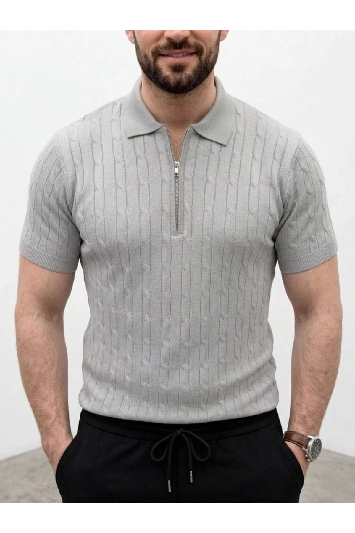 Erkek Yazlık Triko Saç Örgü Tişört Kısa Kol Polo Yaka Fermuarlı T-Shirt - Gri