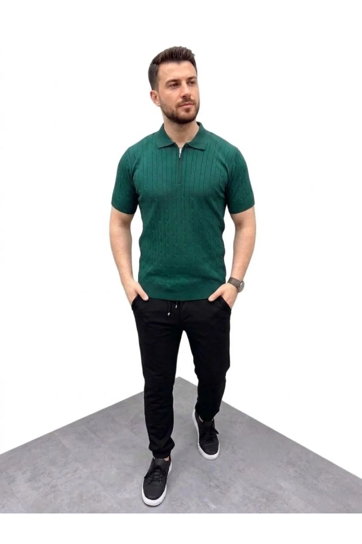 Erkek Yazlık Triko Saç Örgü Tişört Kısa Kol Polo Yaka Fermuarlı T-Shirt - Haki