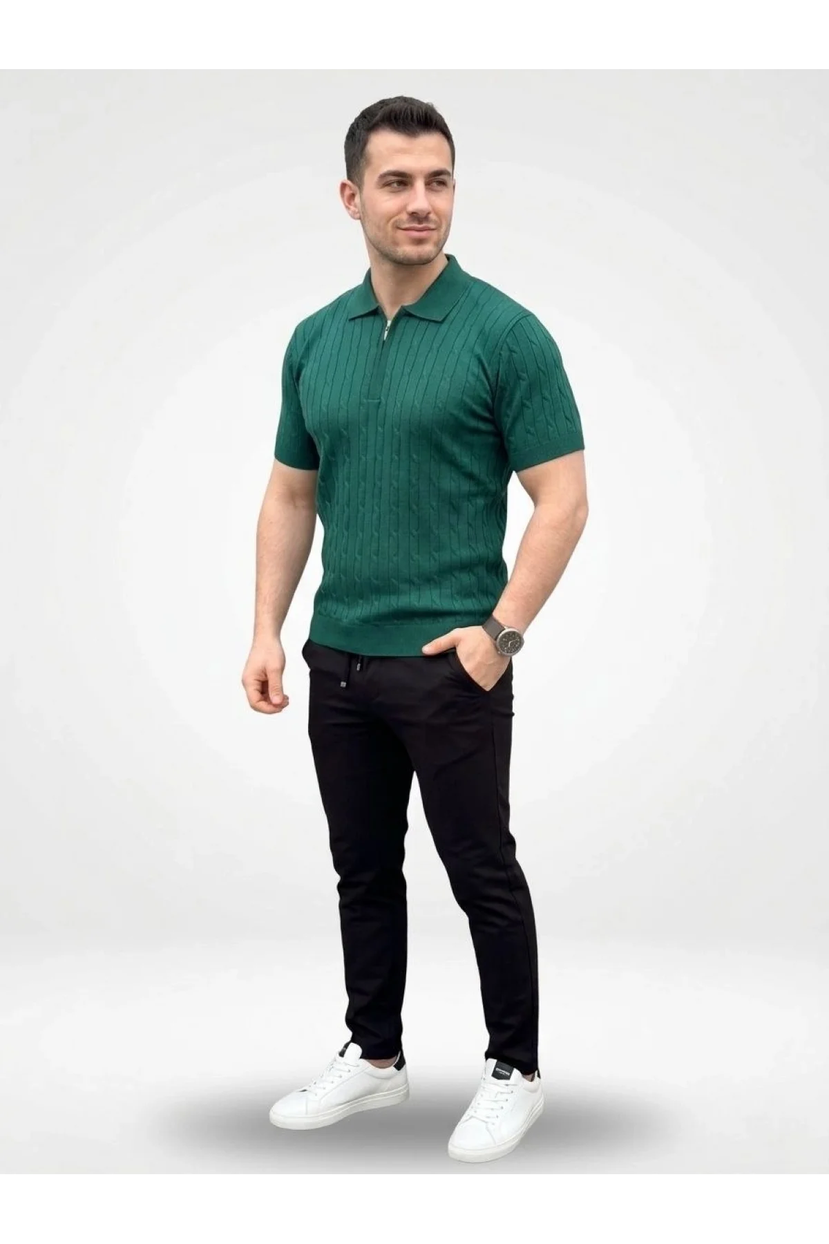 Erkek Yazlık Triko Saç Örgü Tişört Kısa Kol Polo Yaka Fermuarlı T-Shirt - Haki