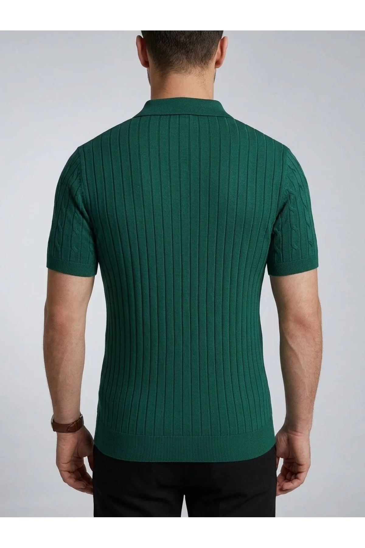 Erkek Yazlık Triko Saç Örgü Tişört Kısa Kol Polo Yaka Fermuarlı T-Shirt - Haki