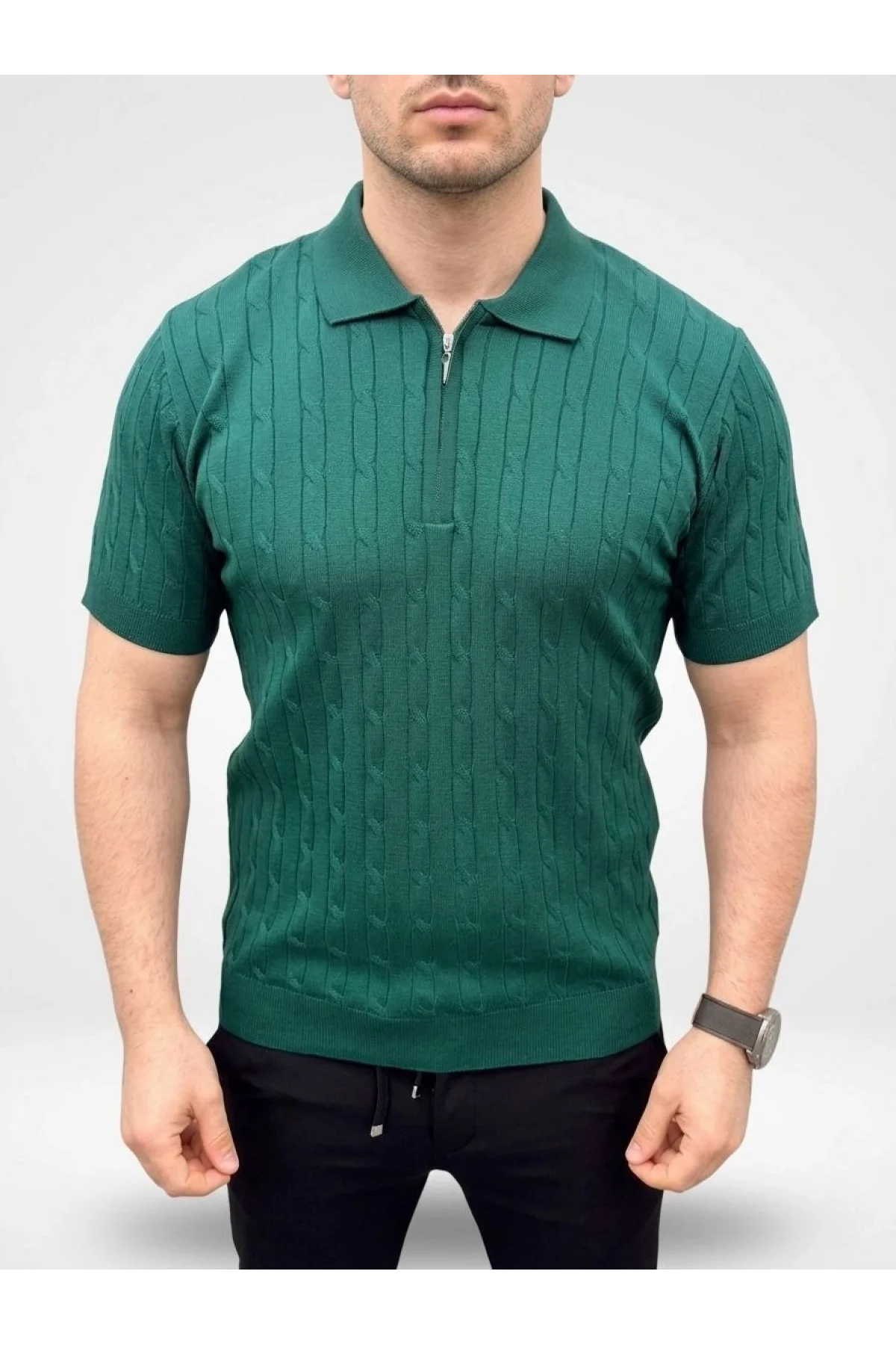 Erkek Yazlık Triko Saç Örgü Tişört Kısa Kol Polo Yaka Fermuarlı T-Shirt - Haki