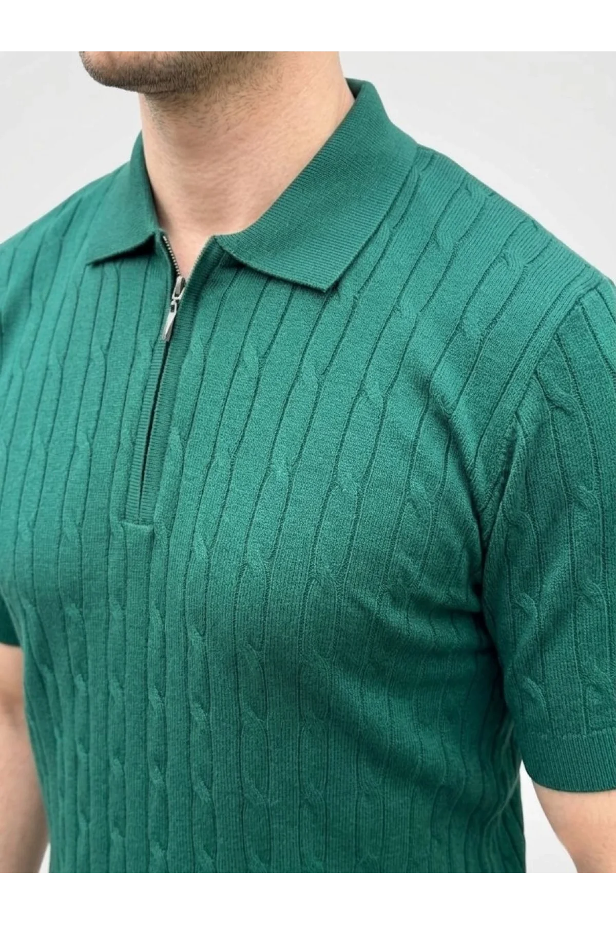 Erkek Yazlık Triko Saç Örgü Tişört Kısa Kol Polo Yaka Fermuarlı T-Shirt - Haki