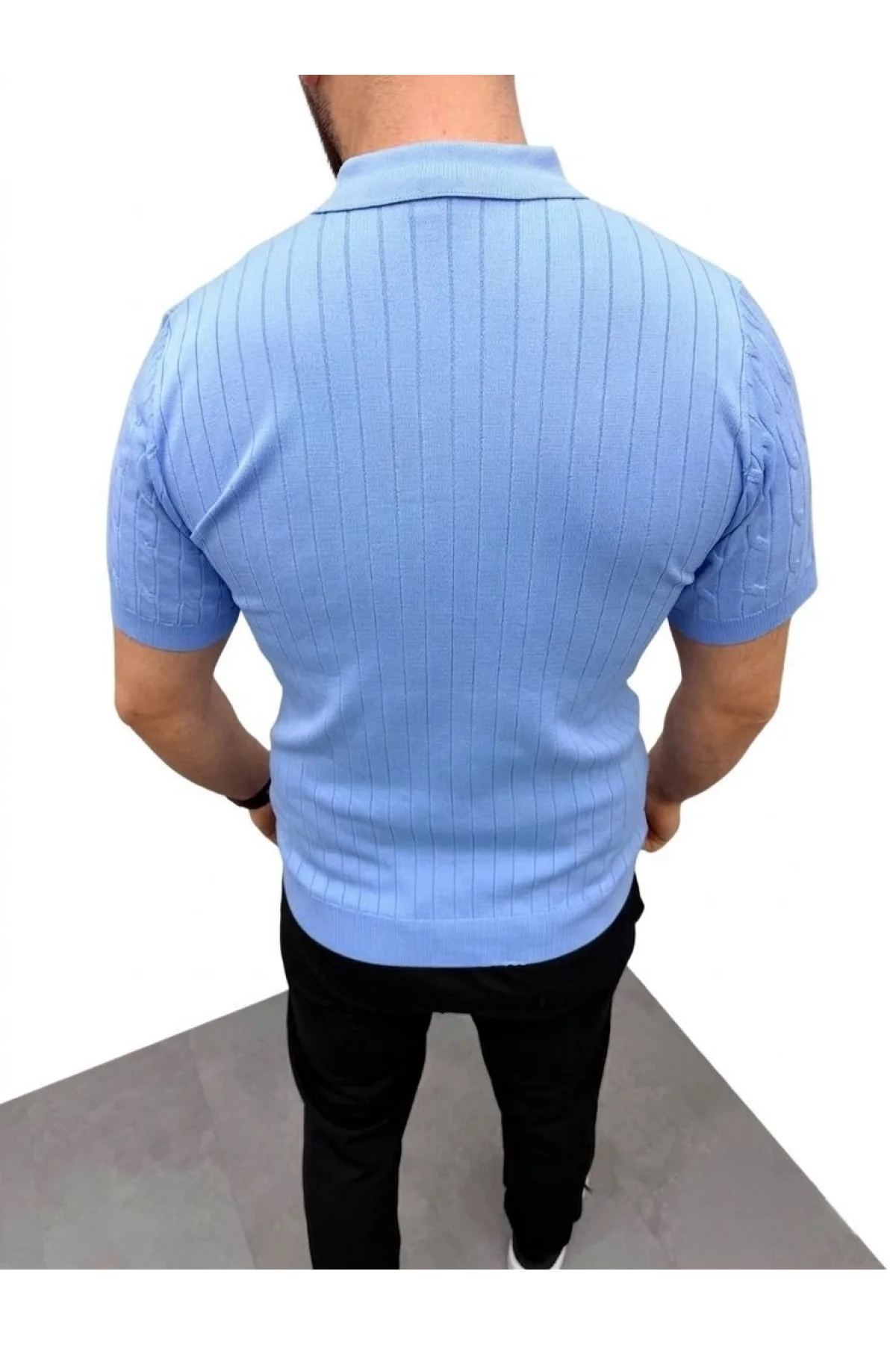 Erkek Yazlık Triko Saç Örgü Tişört Kısa Kol Polo Yaka Fermuarlı T-Shirt - Bebe Mavisi