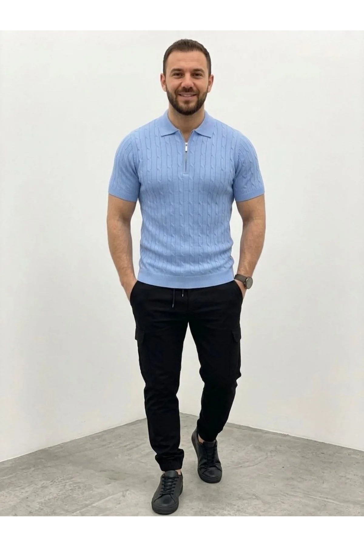 Erkek Yazlık Triko Saç Örgü Tişört Kısa Kol Polo Yaka Fermuarlı T-Shirt - Bebe Mavisi