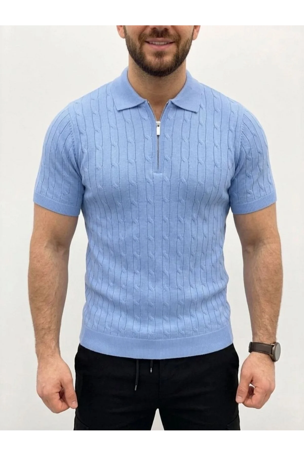 Erkek Yazlık Triko Saç Örgü Tişört Kısa Kol Polo Yaka Fermuarlı T-Shirt - Bebe Mavisi