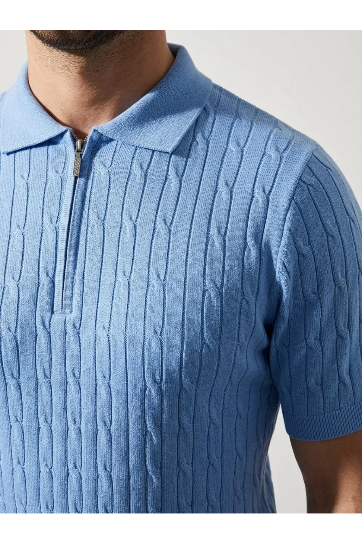 Erkek Yazlık Triko Saç Örgü Tişört Kısa Kol Polo Yaka Fermuarlı T-Shirt - Bebe Mavisi