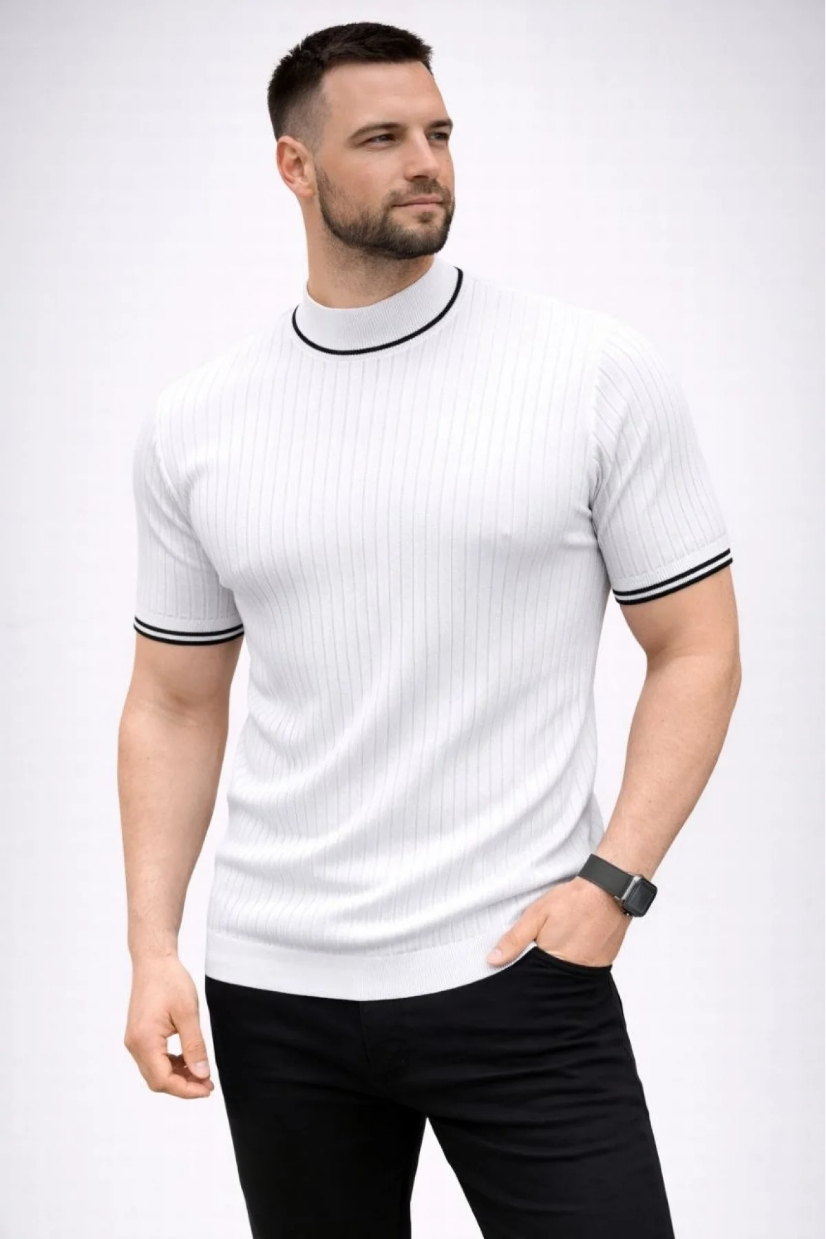 Erkek Fitilli Triko Dokuma Kısa Kol Tişört Yarım Boğaz Modern Yazlık T-Shirt - Beyaz