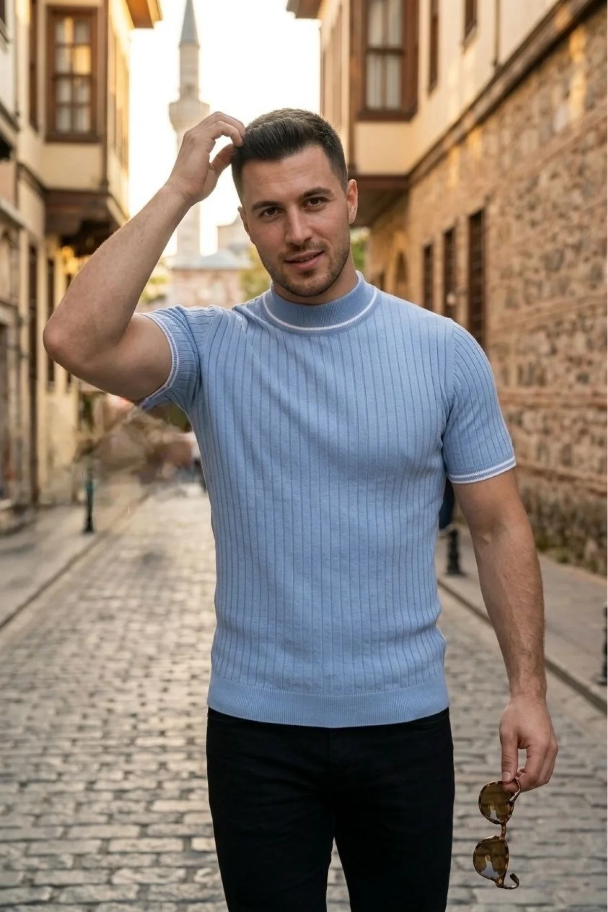 Erkek Fitilli Triko Dokuma Kısa Kol Tişört Yarım Boğaz Modern Yazlık T-Shirt - Bebe Mavisi