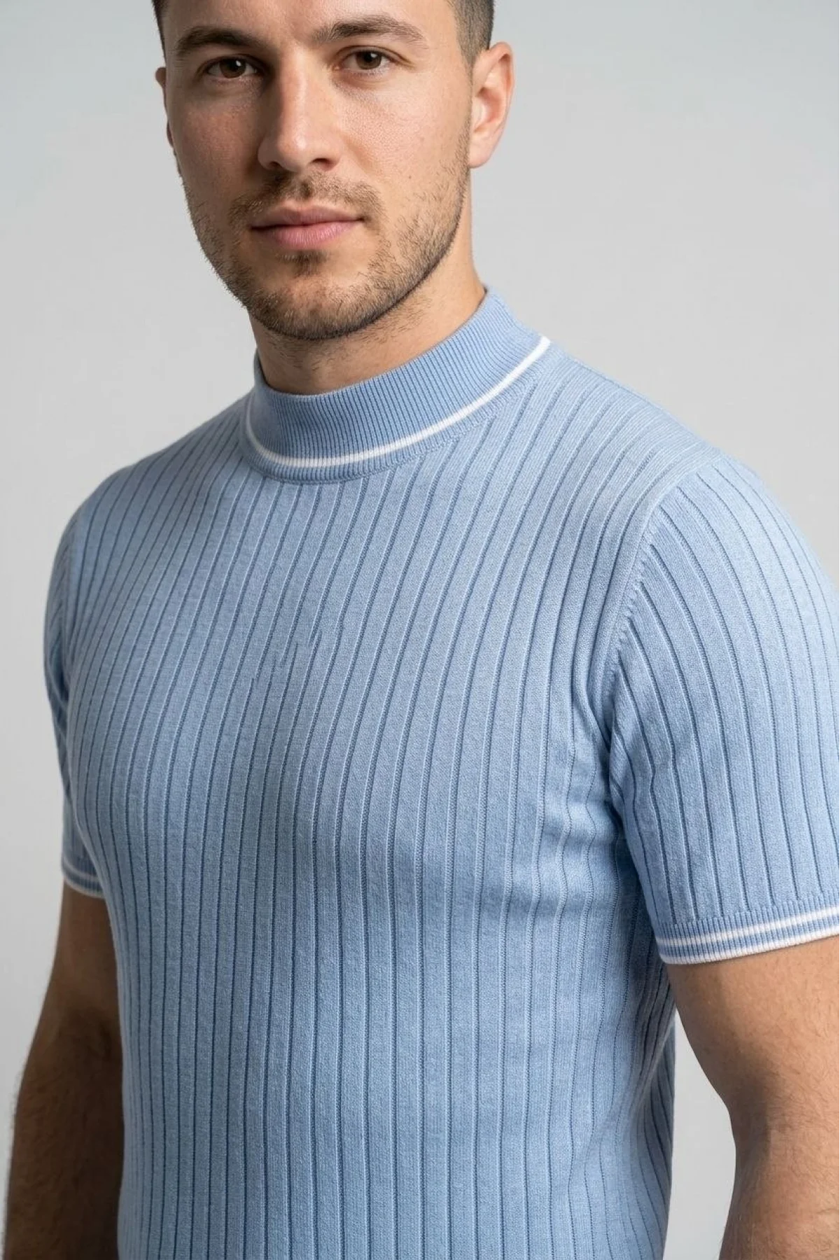 Erkek Fitilli Triko Dokuma Kısa Kol Tişört Yarım Boğaz Modern Yazlık T-Shirt - Bebe Mavisi