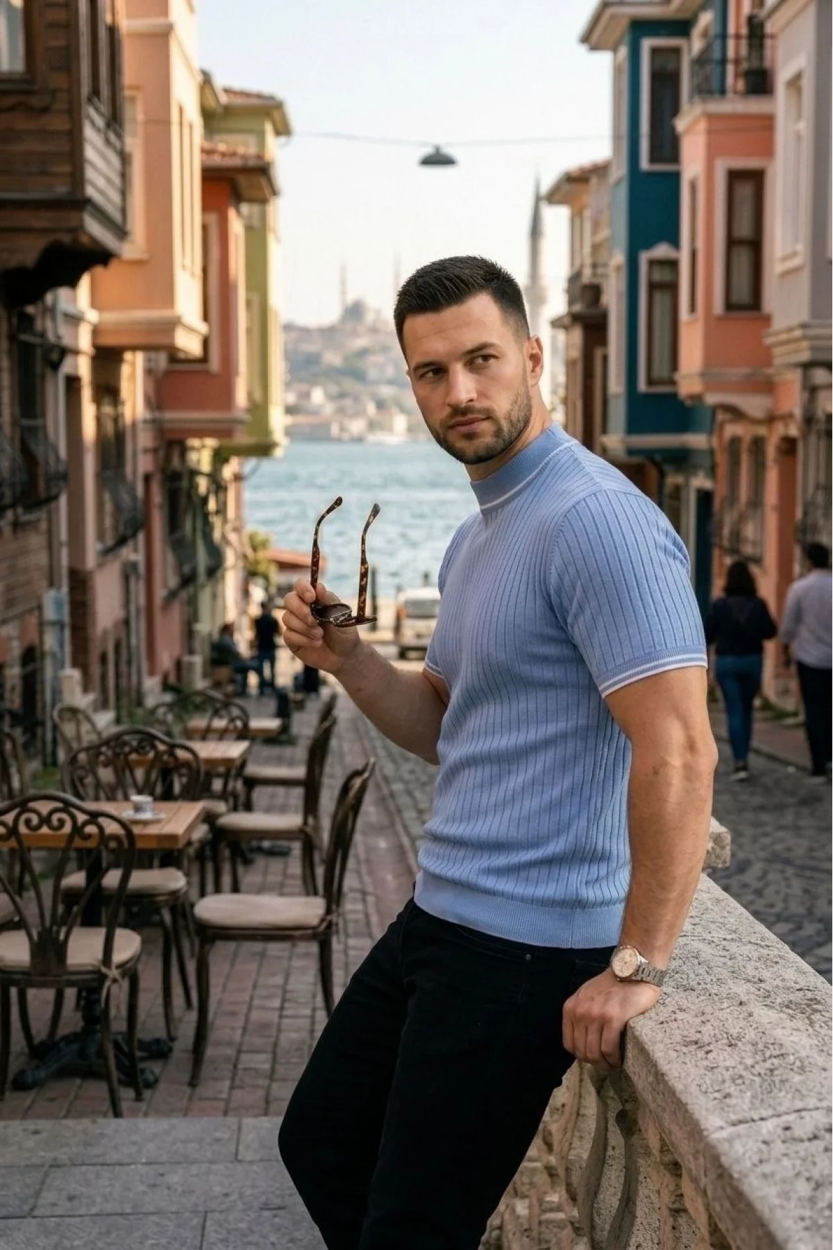 Erkek Fitilli Triko Dokuma Kısa Kol Tişört Yarım Boğaz Modern Yazlık T-Shirt - Bebe Mavisi