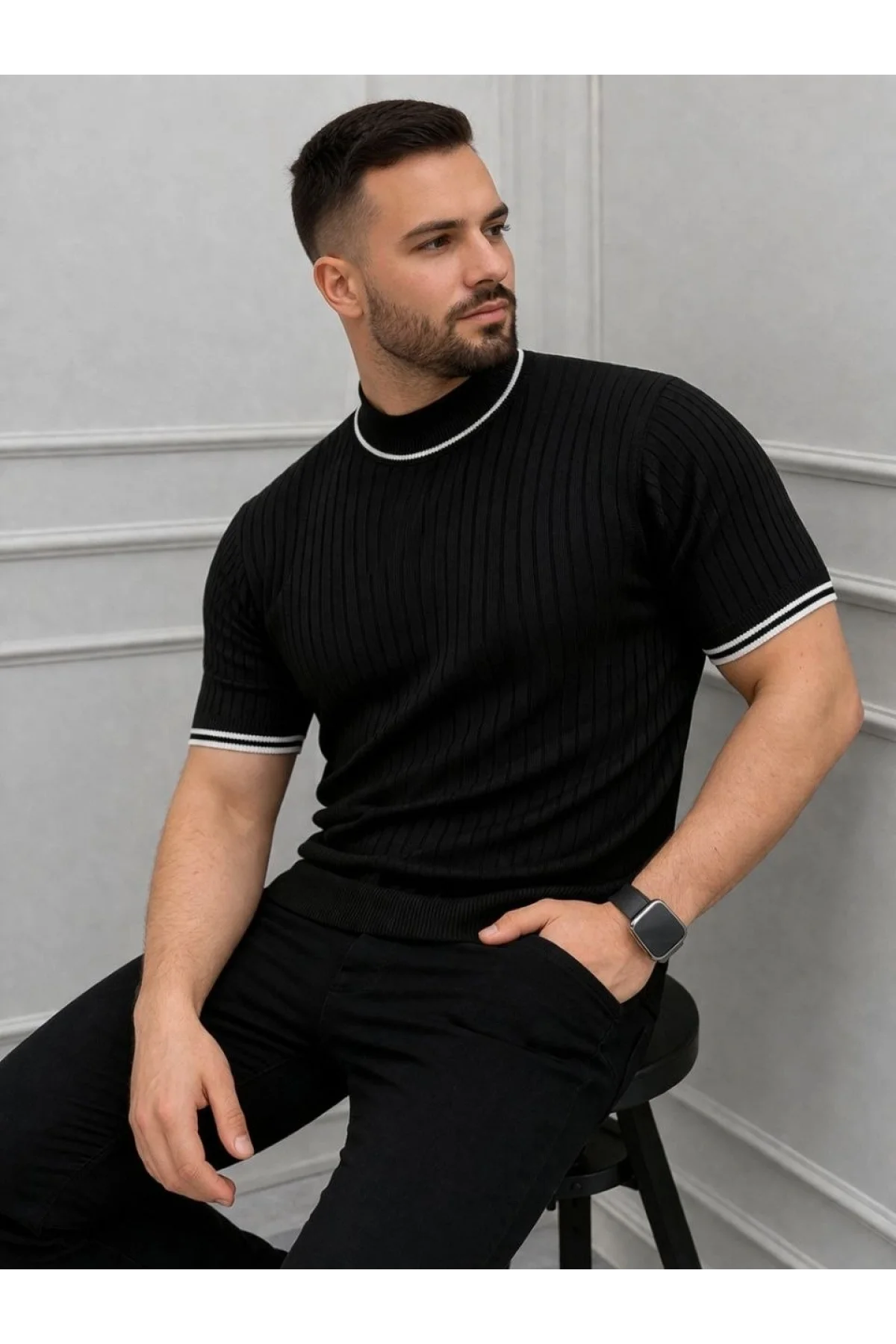 Erkek Fitilli Triko Dokuma Kısa Kol Tişört Yarım Boğaz Modern Yazlık T-Shirt - Siyah