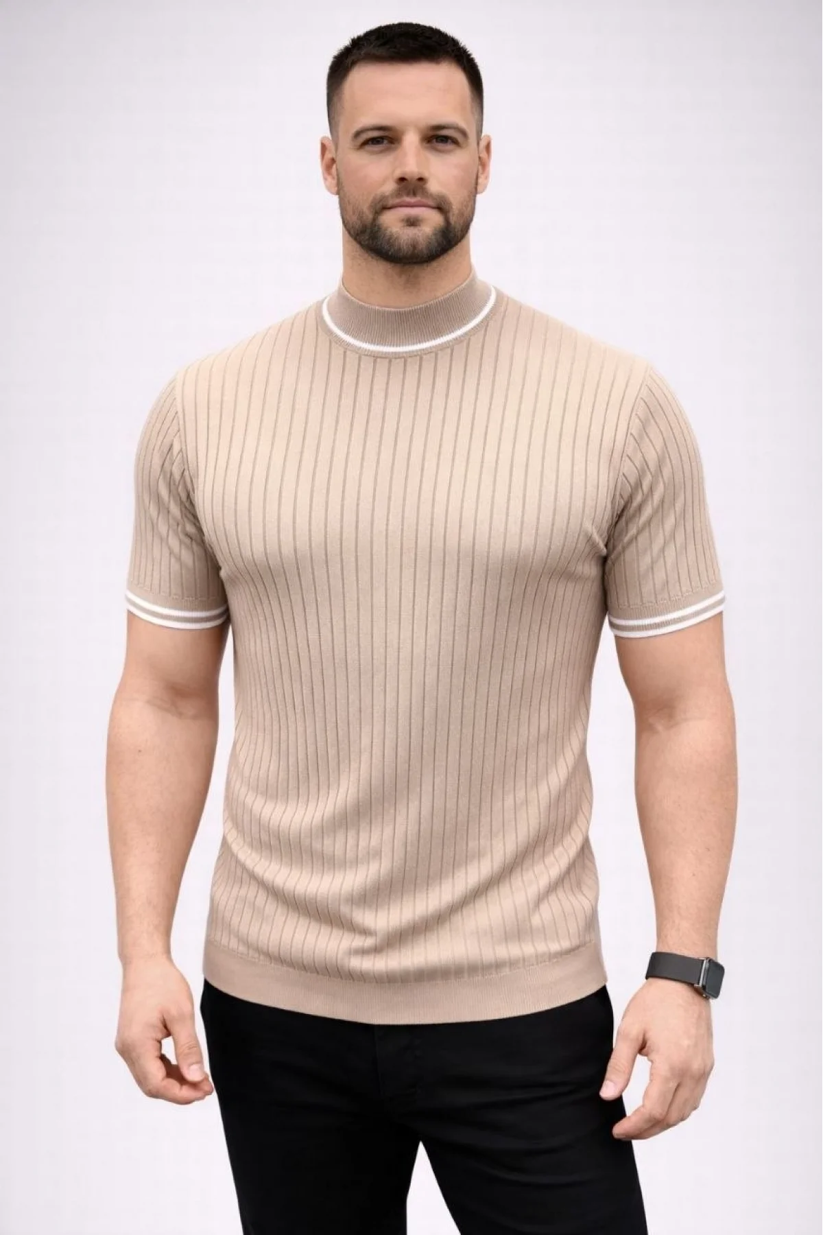 Erkek Fitilli Triko Dokuma Kısa Kol Tişört Yarım Boğaz Modern Yazlık T-Shirt - Bej