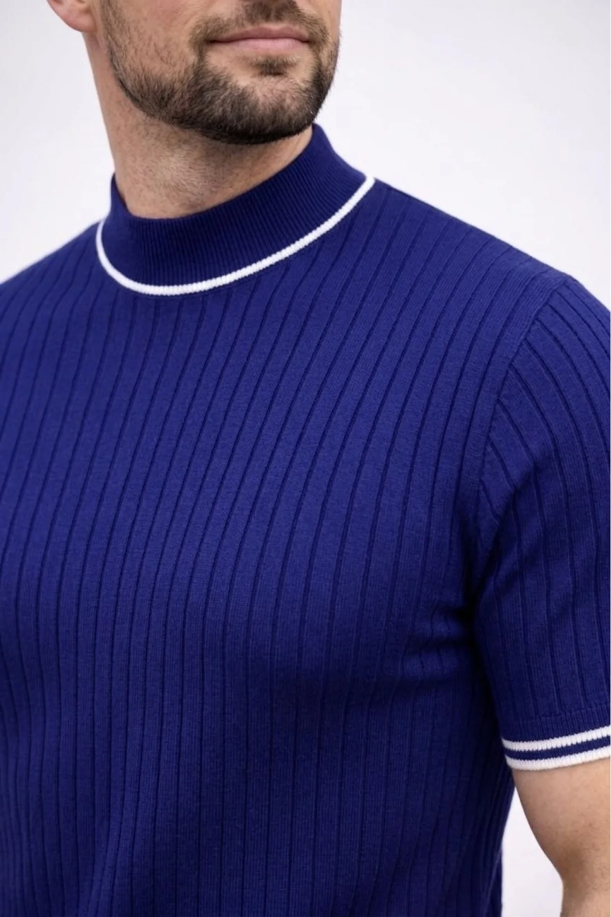 Erkek Fitilli Triko Dokuma Kısa Kol Tişört Yarım Boğaz Modern Yazlık T-Shirt - Lacivert