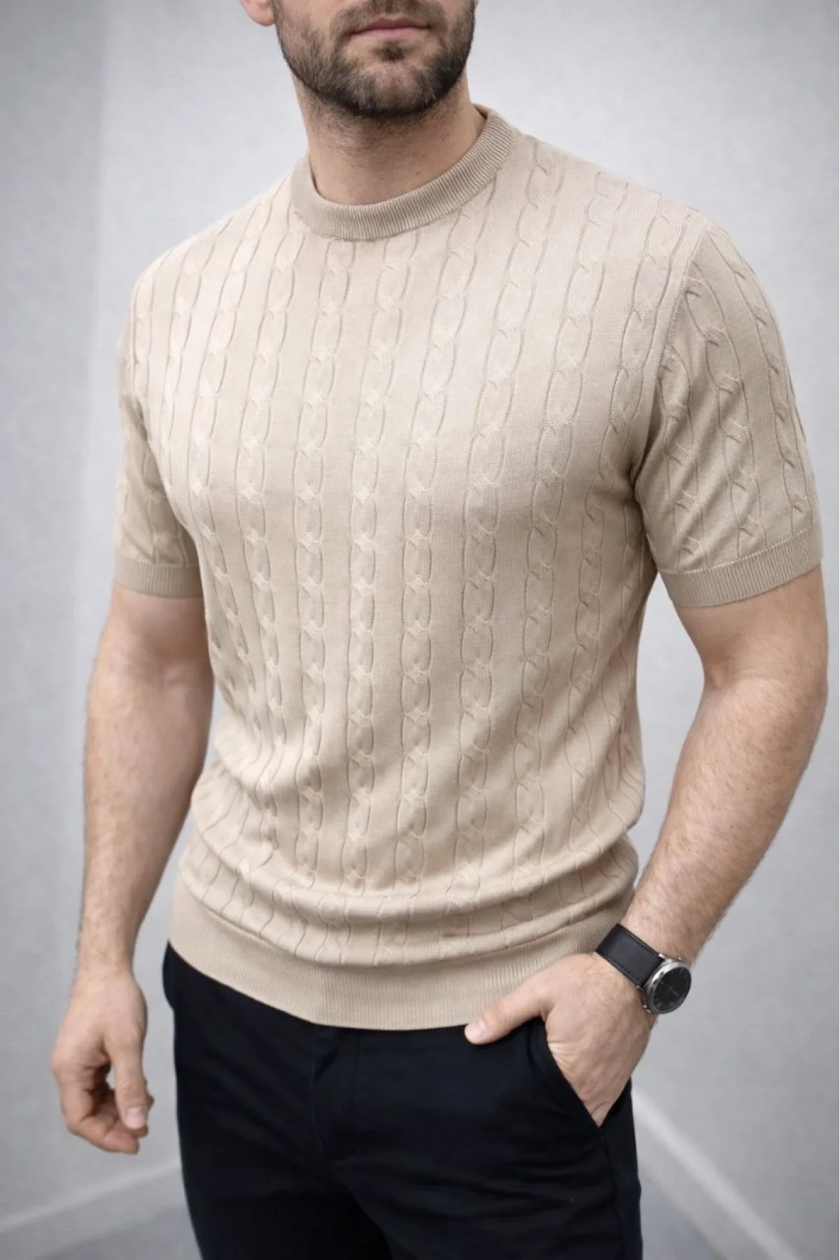 Erkek Yazlık Triko Dokuma Tişört Kısa Kol Bisiklet Yaka Örgü Desenli T-Shirt - Bej