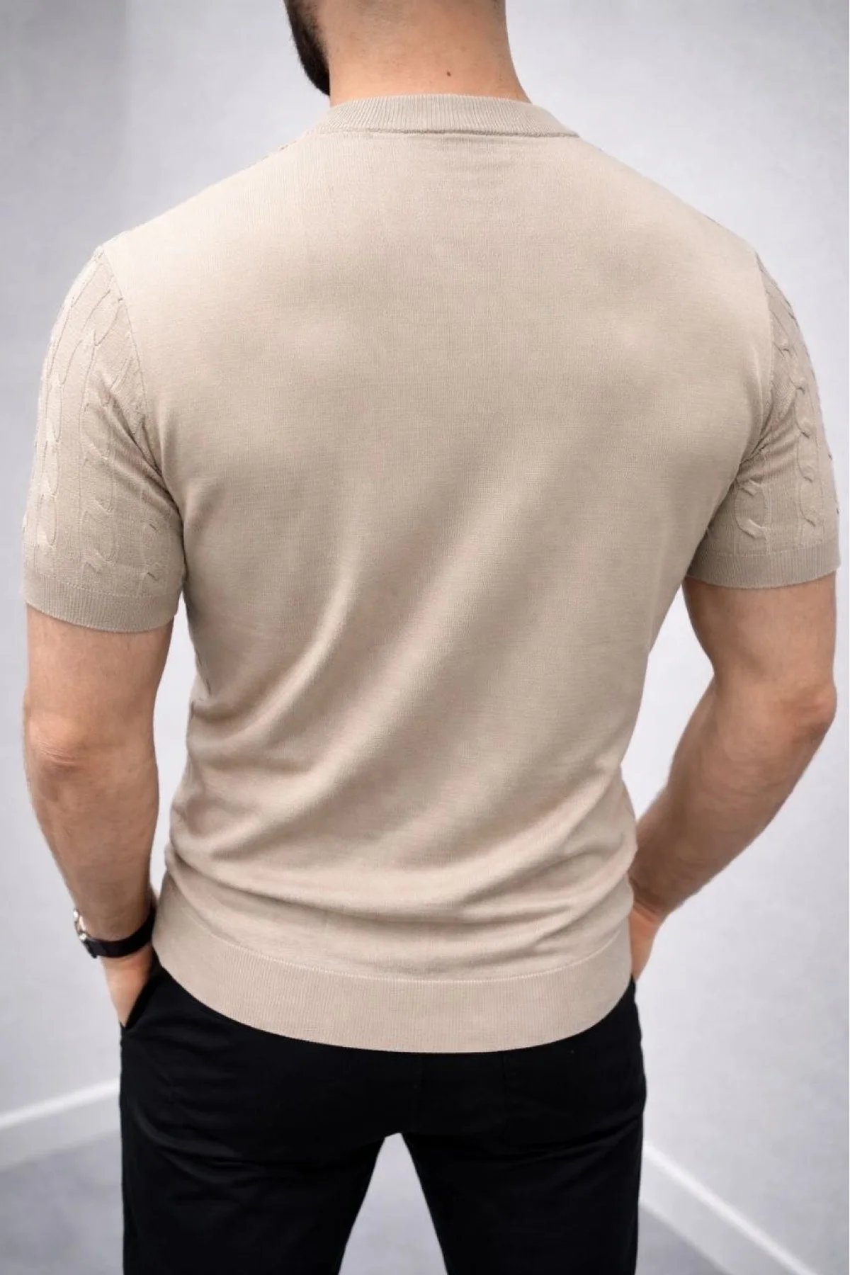 Erkek Yazlık Triko Dokuma Tişört Kısa Kol Bisiklet Yaka Örgü Desenli T-Shirt - Bej