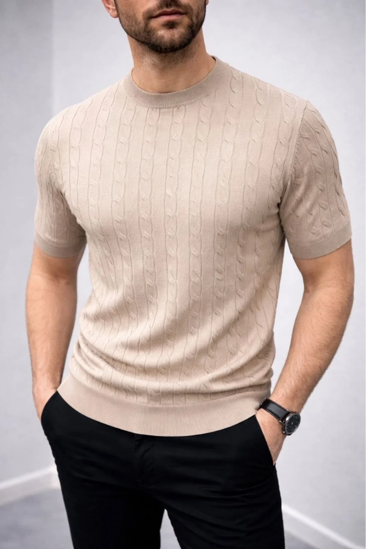 Erkek Yazlık Triko Dokuma Tişört Kısa Kol Bisiklet Yaka Örgü Desenli T-Shirt - Bej