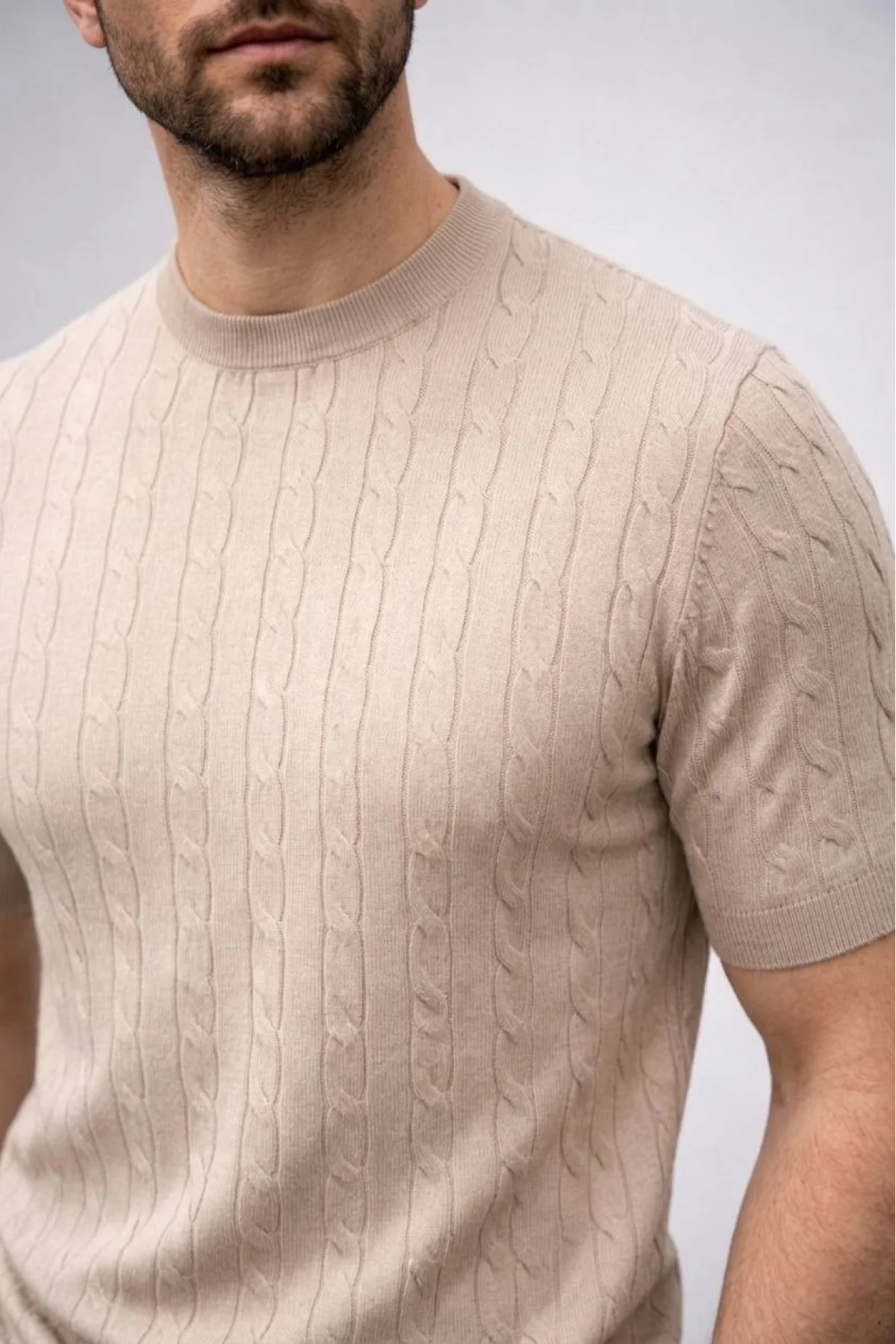 Erkek Yazlık Triko Dokuma Tişört Kısa Kol Bisiklet Yaka Örgü Desenli T-Shirt - Bej