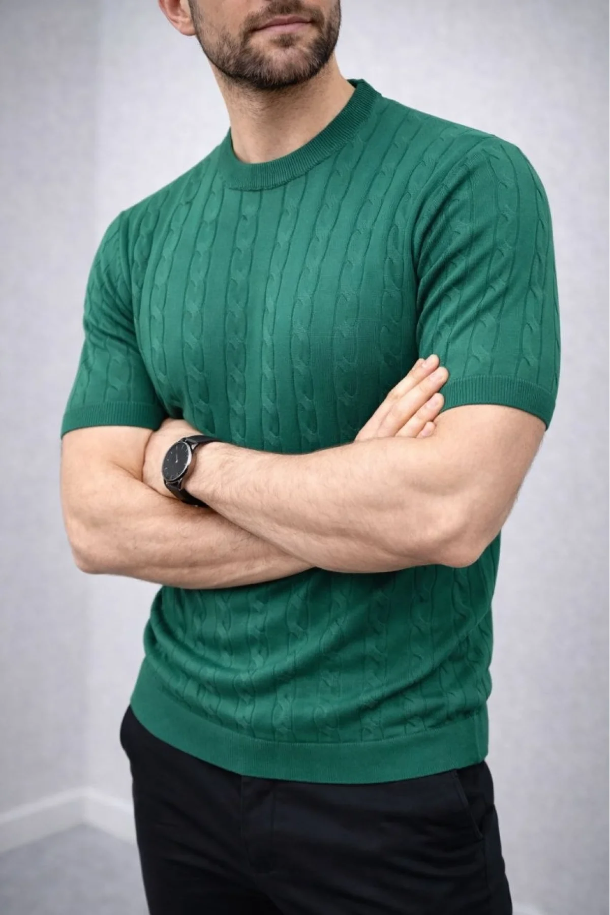 Erkek Yazlık Triko Dokuma Tişört Kısa Kol Bisiklet Yaka Örgü Desenli T-Shirt - Haki