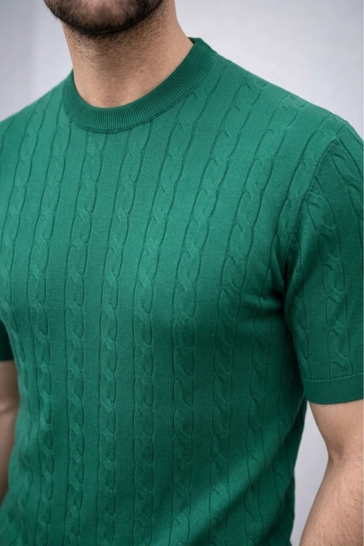 Erkek Yazlık Triko Dokuma Tişört Kısa Kol Bisiklet Yaka Örgü Desenli T-Shirt - Haki